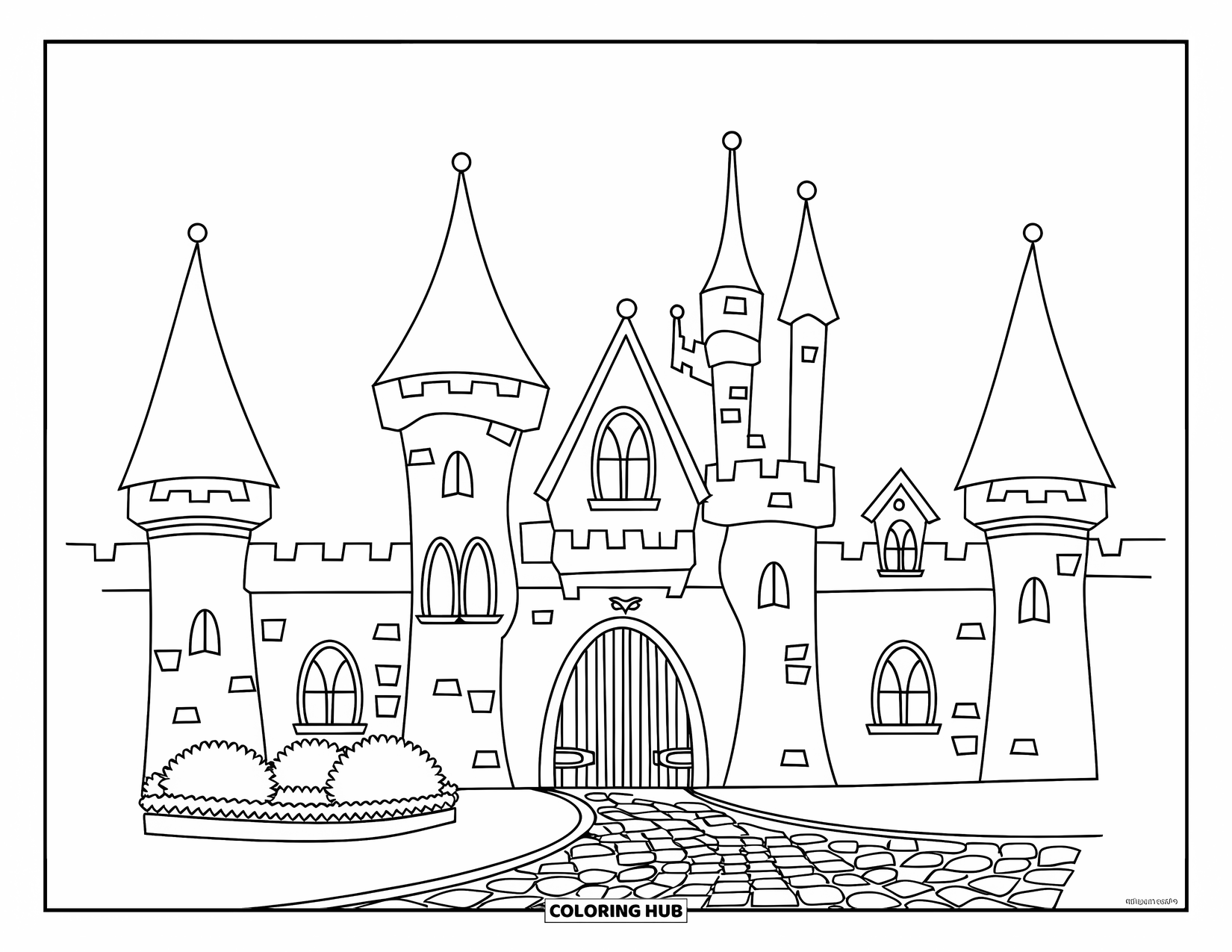 Princess Castle Coloring Page for Kids: A castle with four towers and a cobblestone trail