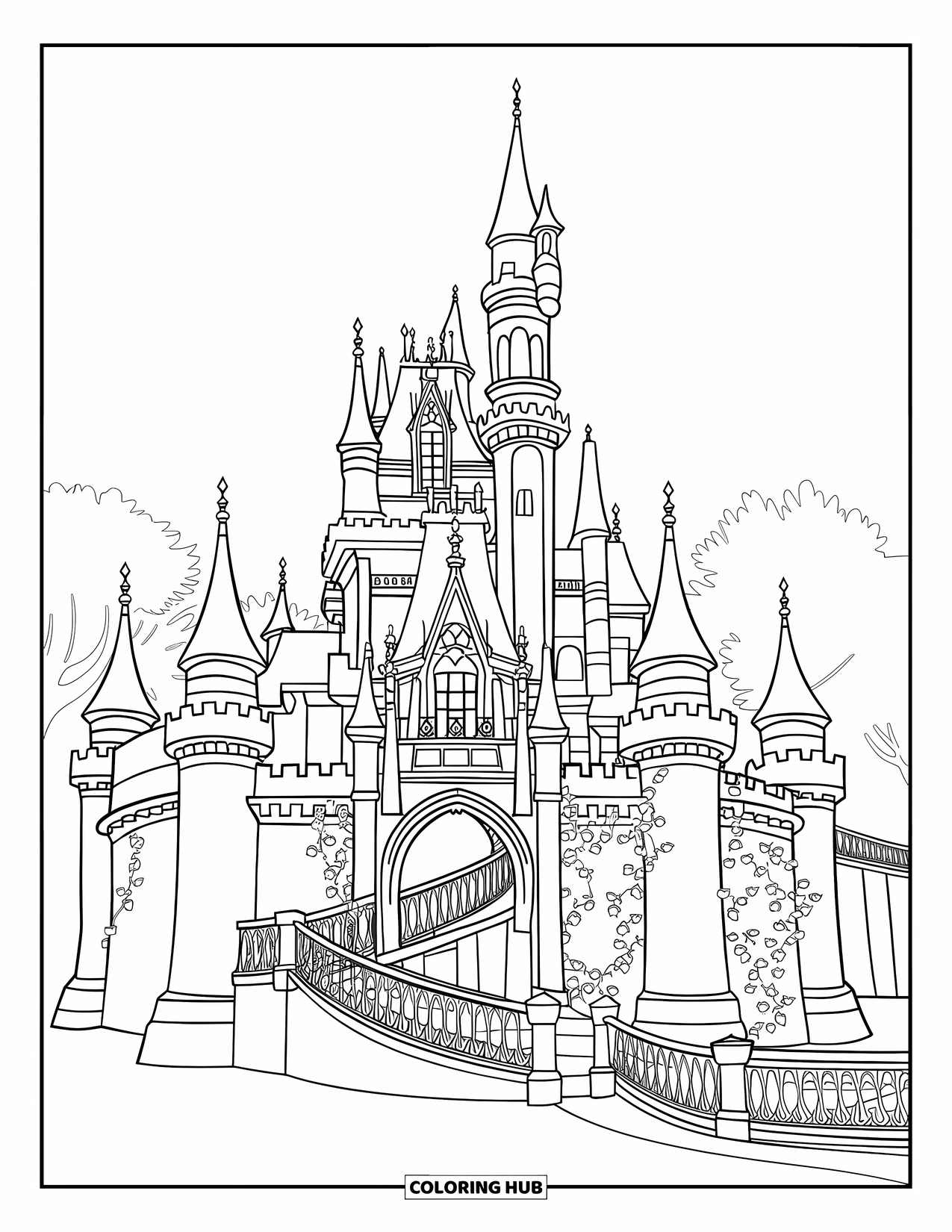 Princess Castle Coloring Page for Kids: A castle with Gothic arches and ivy on a white sky