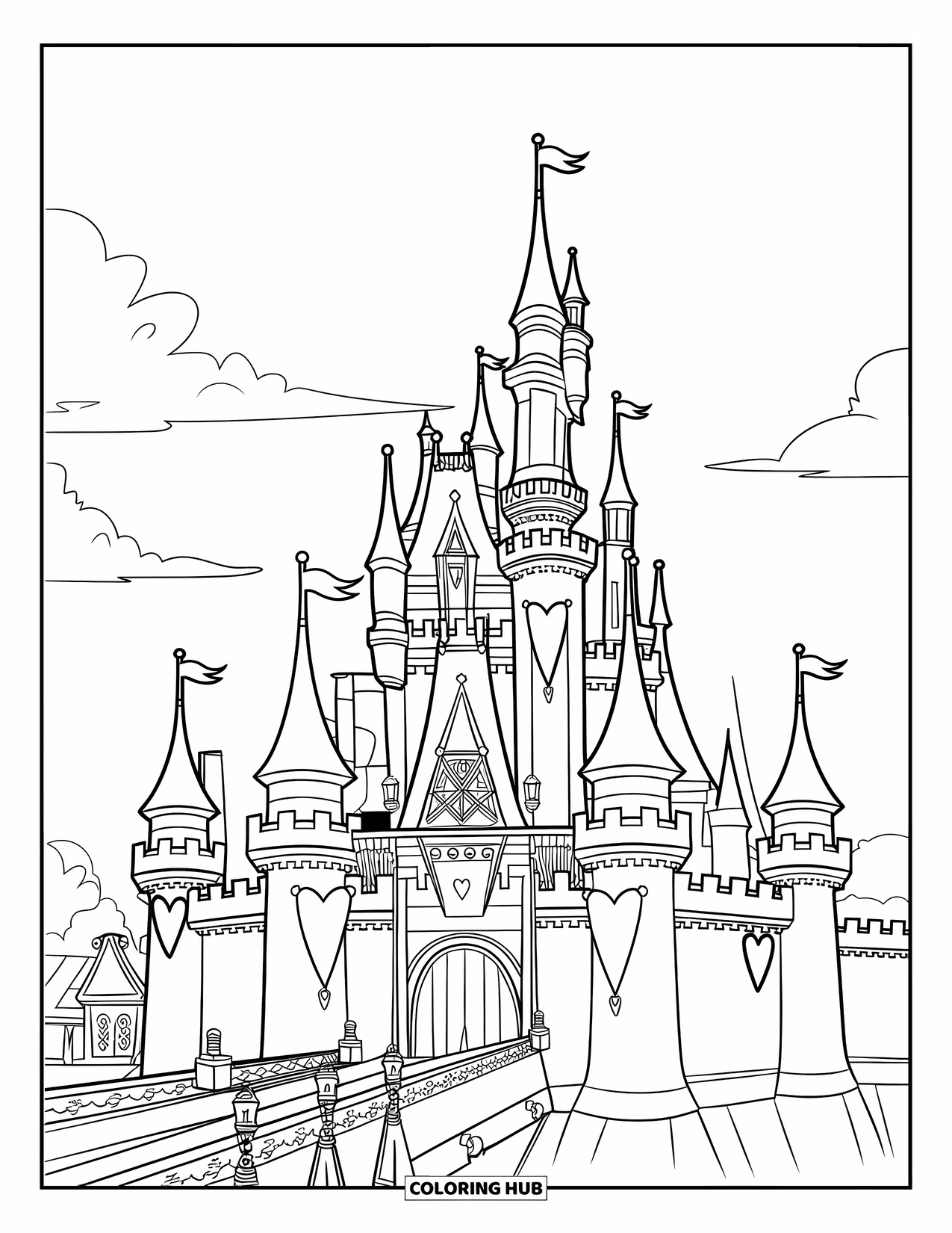 Princess Castle Coloring Page for Kids: A castle with heart-shaped banners and a large gate