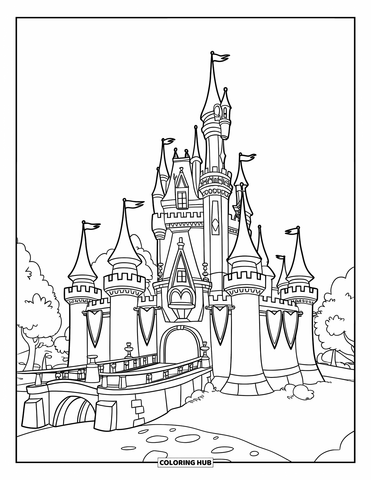 Princess Castle Coloring Page for Kids: A castle with heart-shaped banners, towers, and a moat