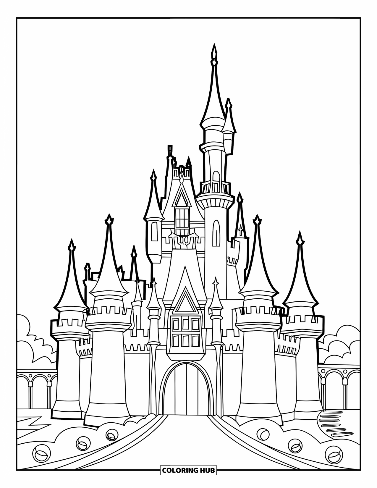 Princess Castle Coloring Page for Kids: A castle with three towers, windows, and a moat
