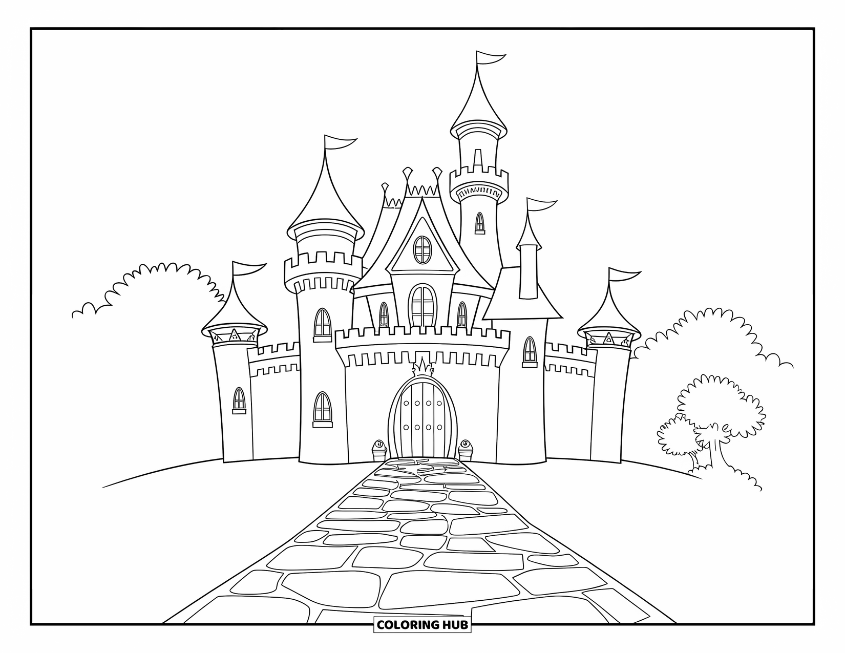 Princess Castle Coloring Page for Kids: A castle with two towers, a path, and a tree