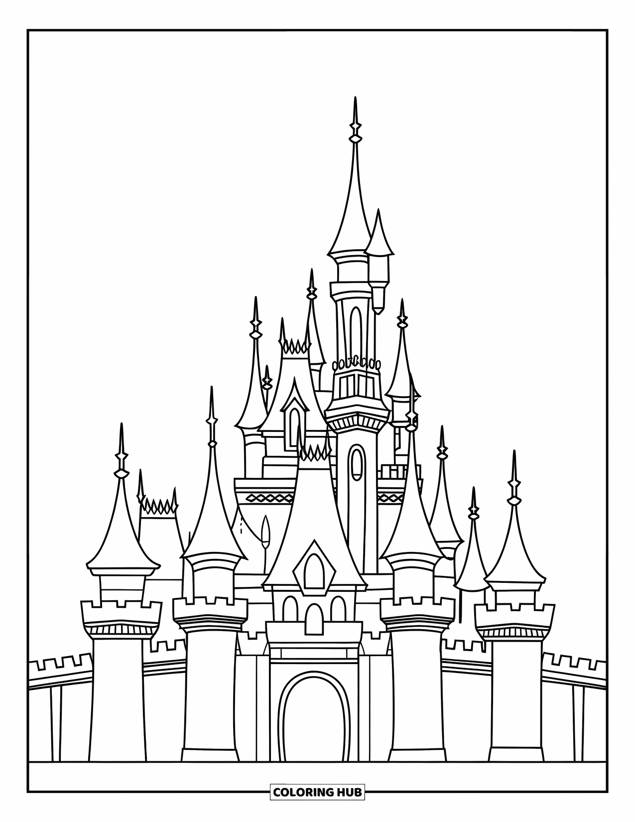 Princess Castle Coloring Page for Kids: A fairy tale castle with four spires and an open gate