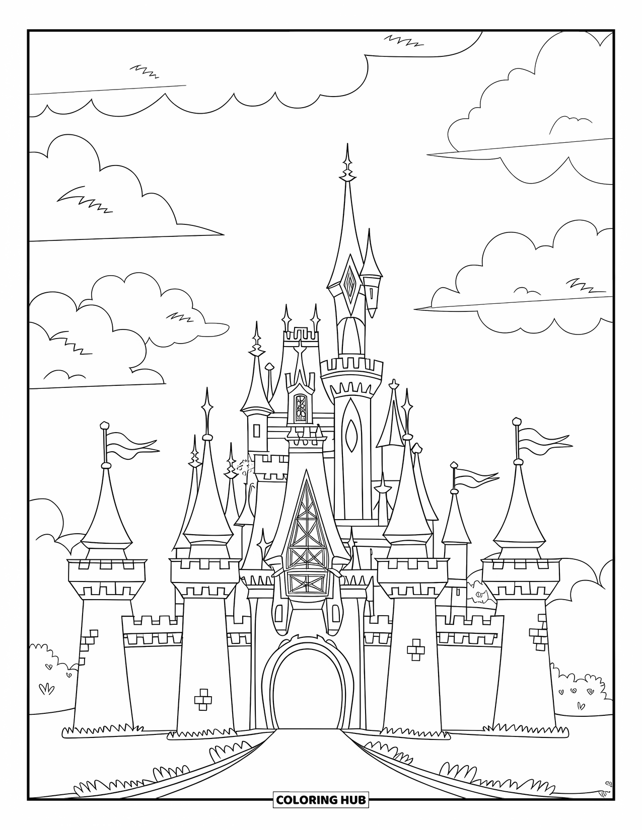 Princess Castle Coloring Page for Kids: A fairy tale castle with tall spires and a cloudy sky