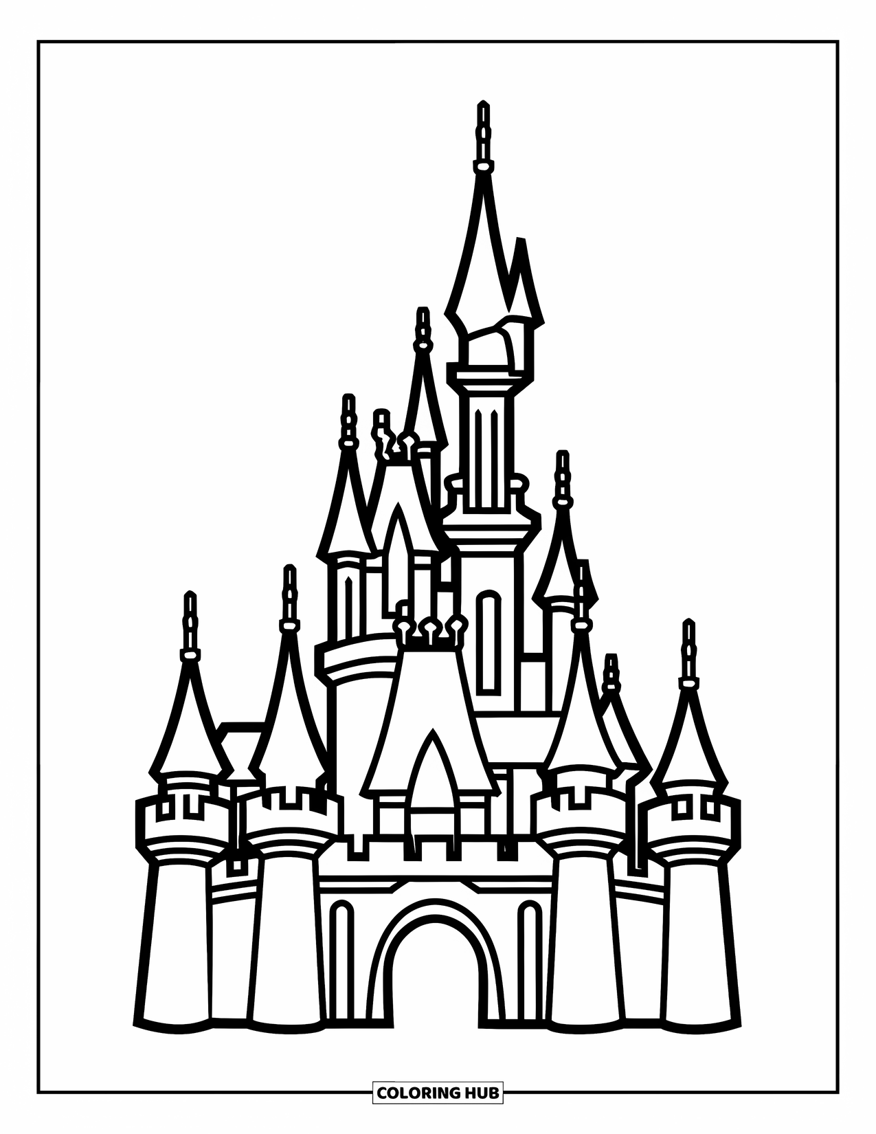 Princess Castle Coloring Page for Kids: A fairy tale castle with towers and bold outlines