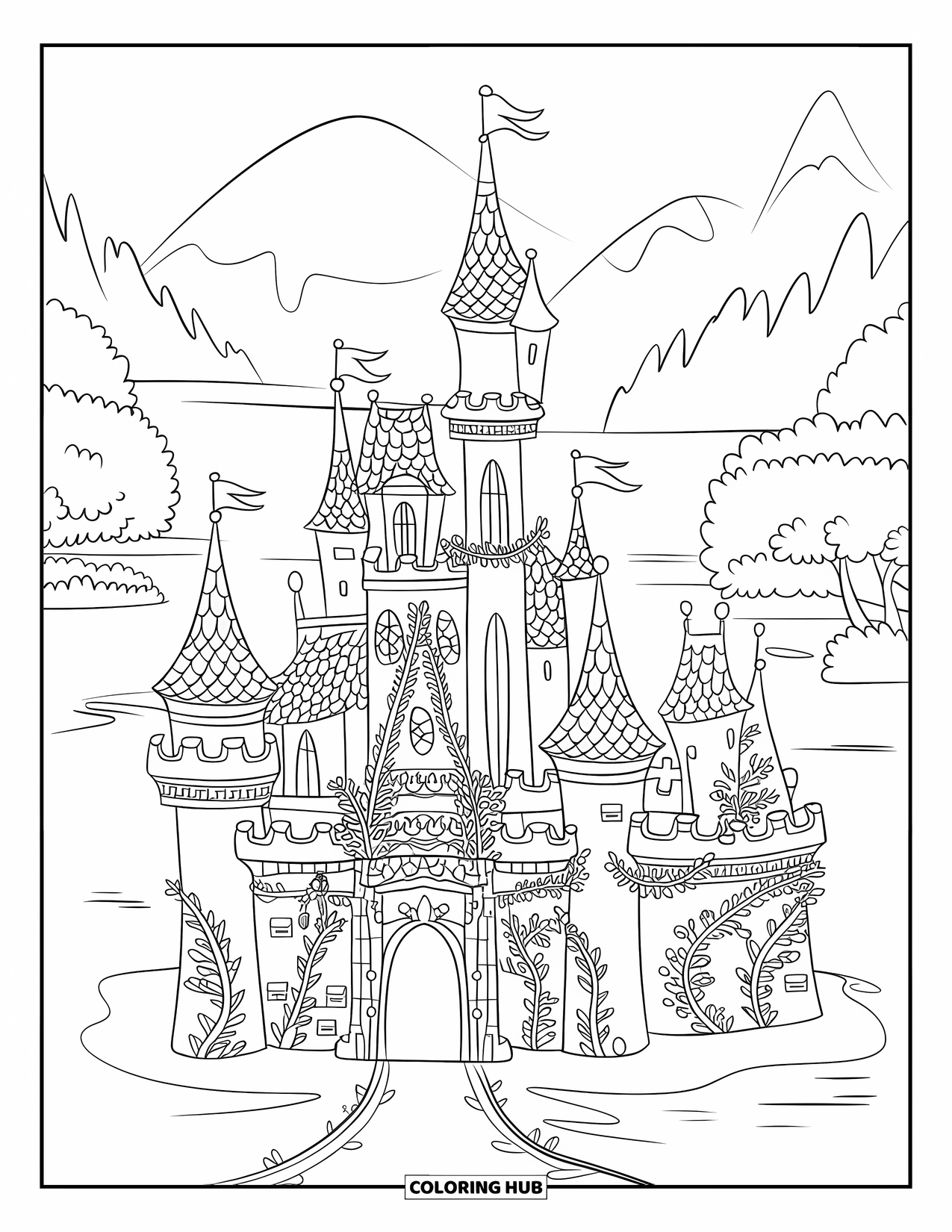 Princess Castle Coloring Page for Kids: A fantasy castle with towers, vines, and a mountain view
