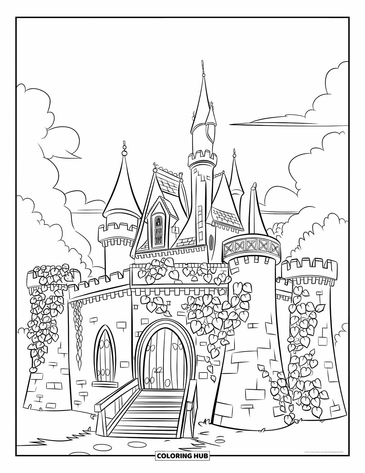Princess Castle Coloring Page for Kids: A Gothic castle with ivy, towers, and wooden drawbridges