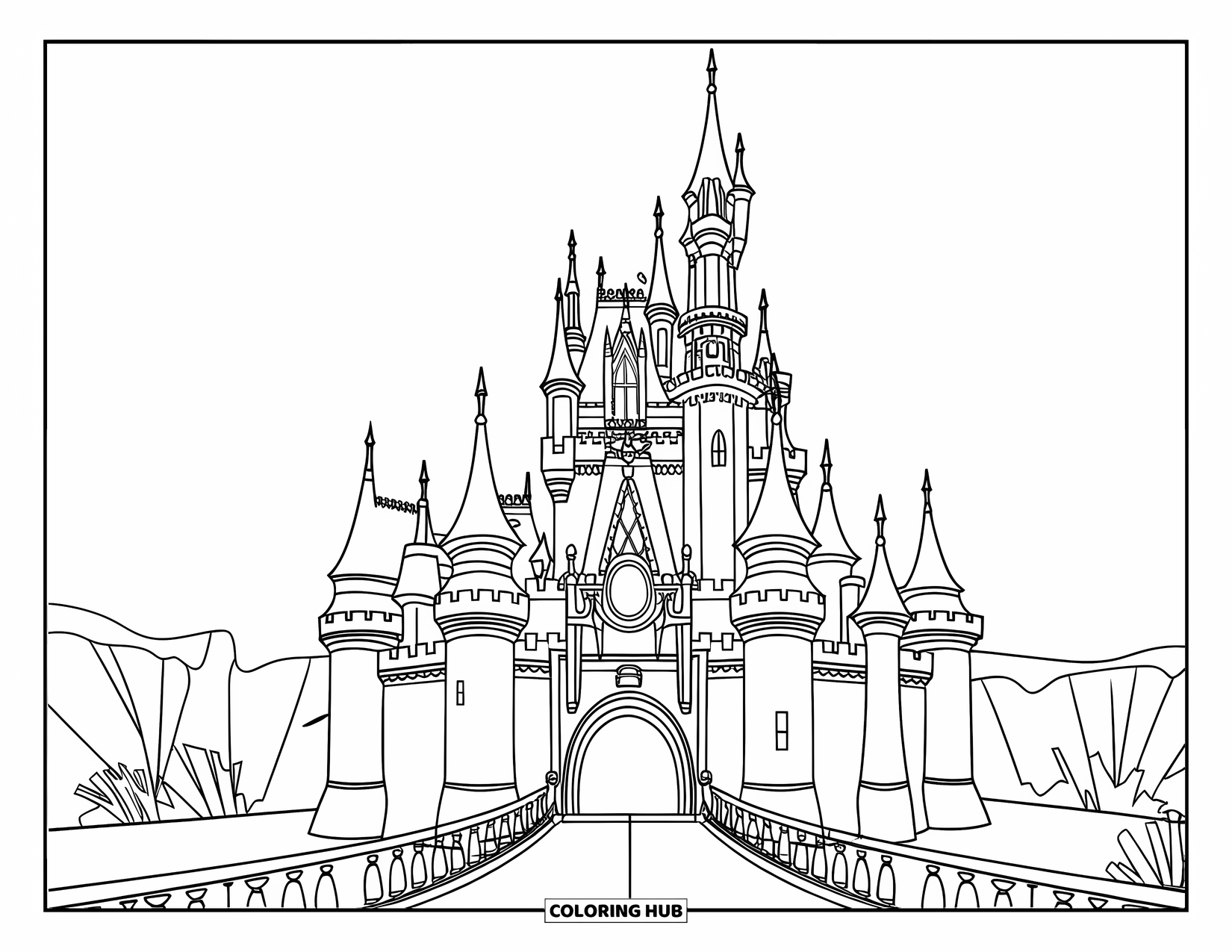 Princess Castle Coloring Page for Kids: A grand princess castle with towers, a moat, and lush trees