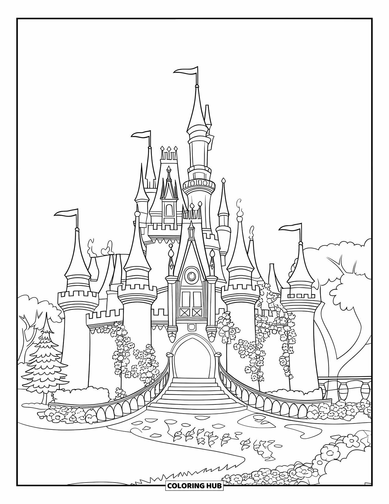 Princess Castle Coloring Page for Kids: A princess castle with arches, ivy, and stone stairs