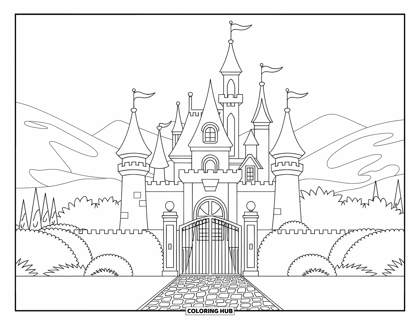 Princess Castle Coloring Page for Kids: A princess castle with four towers and a mountain view