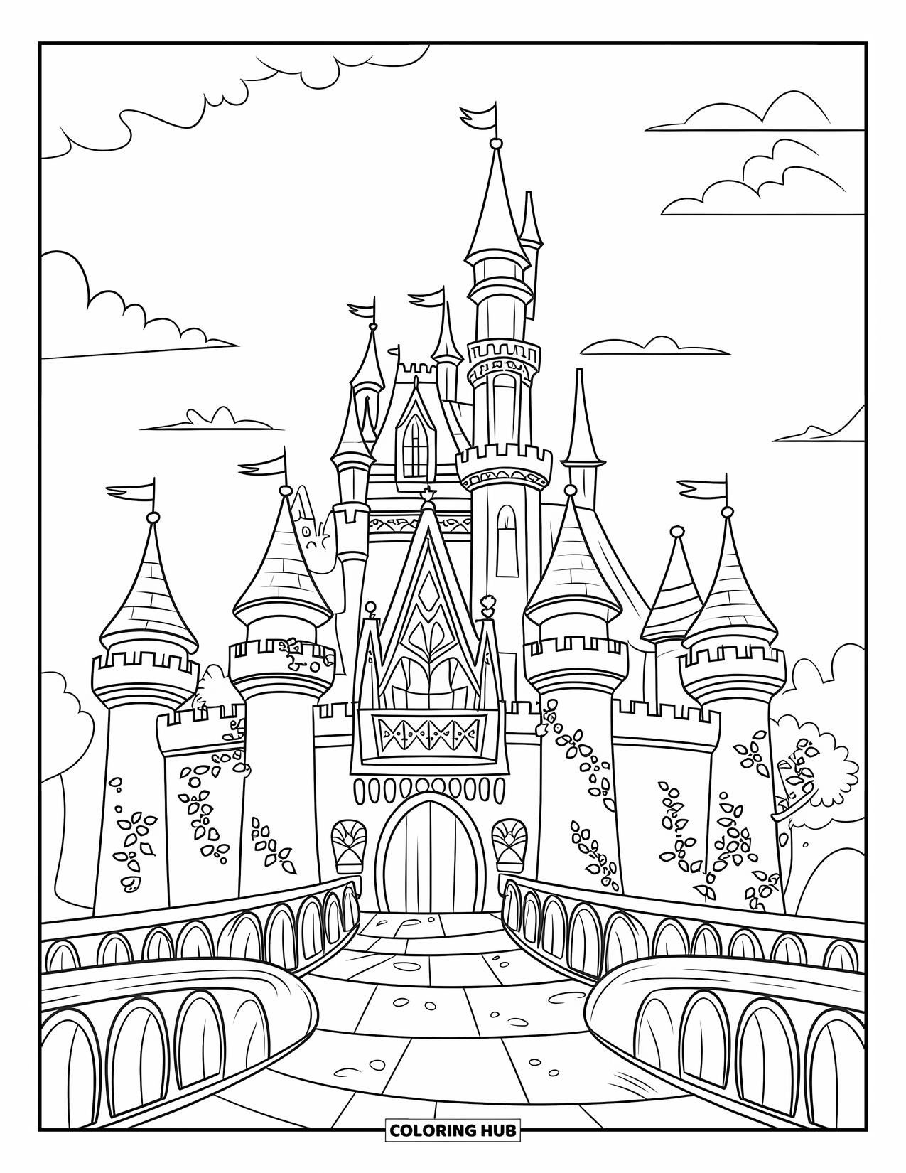 Princess Castle Coloring Page for Kids: A princess castle with Gothic towers and a cloudy backdrop