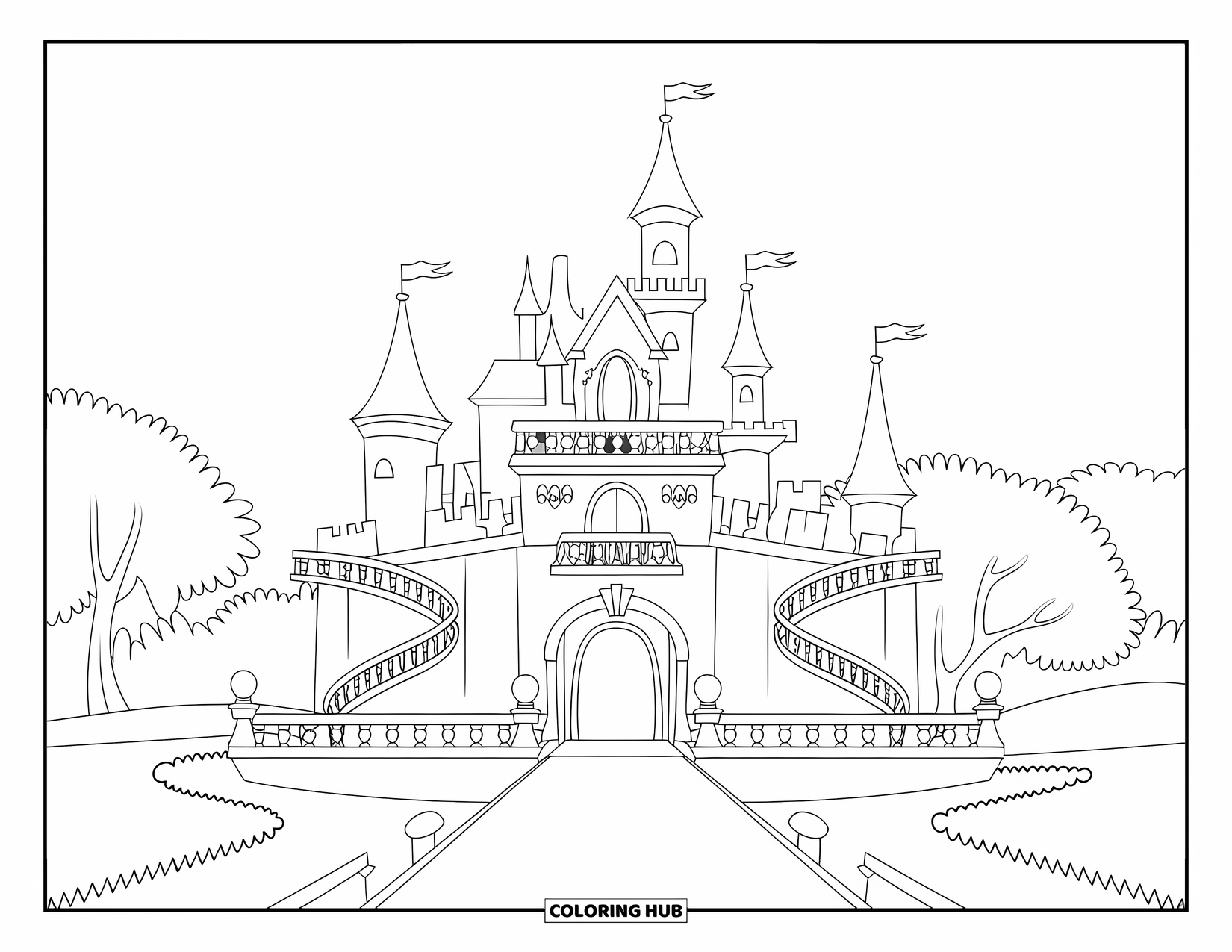 Princess Castle Coloring Page for Kids: A princess castle with staircases and arched balconies stands tall
