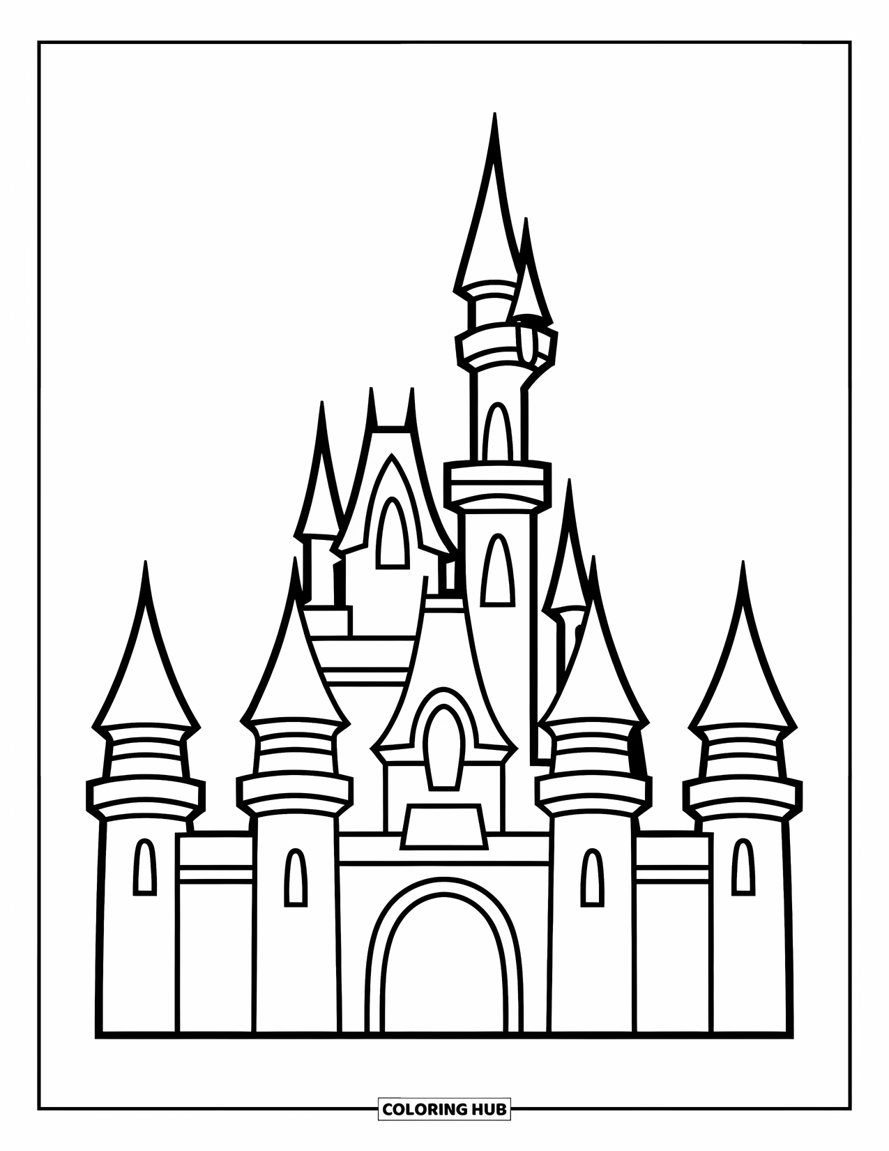Princess Castle Coloring Page for Kids: A princess castle with three towers and bold windows