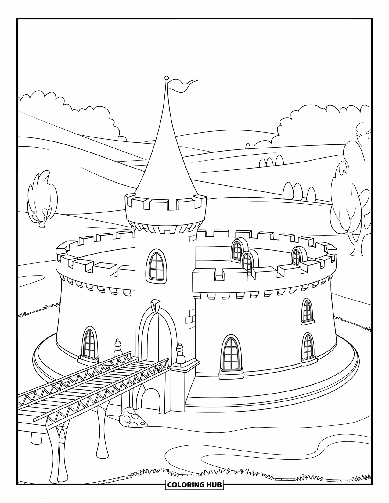 Princess Castle Coloring Page for Kids: A round castle with a tower, moat, and rolling hills