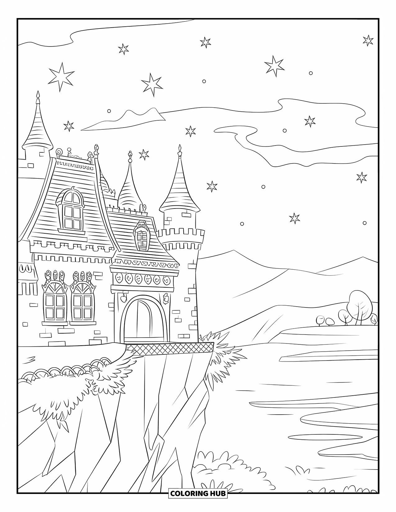 Princess Castle Coloring Page for Kids: A starry night surrounds a glowing castle on a cliff