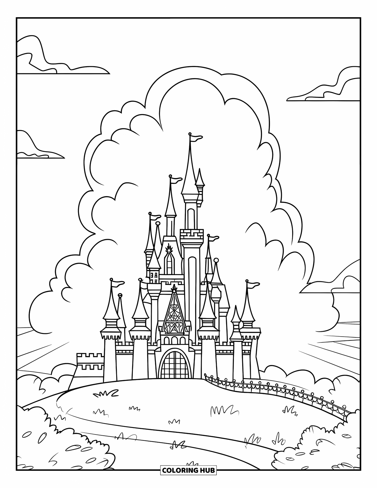 Princess Castle Coloring Page for Kids: A tall castle on a hill with a cloud behind it