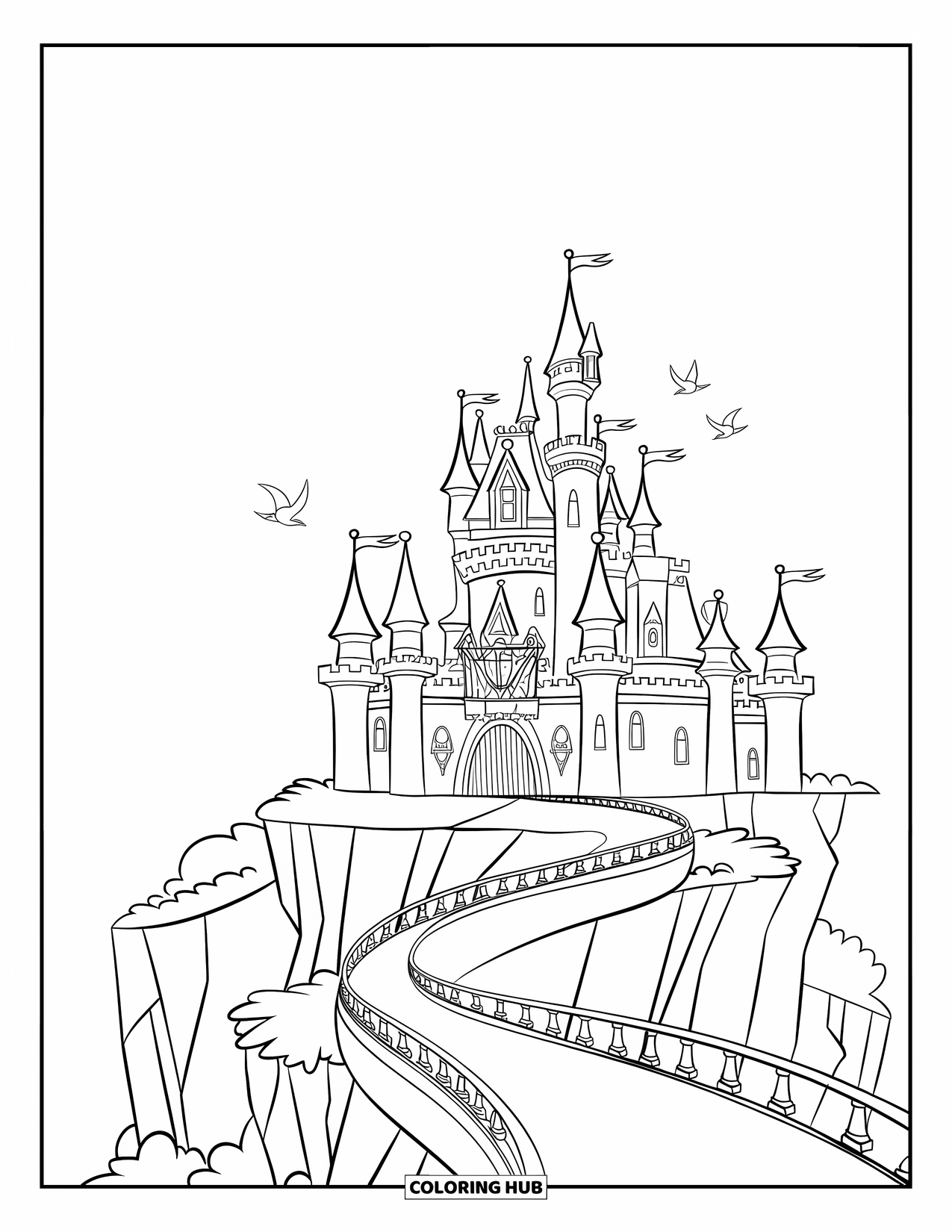 Princess Castle Coloring Page for Kids: Birds circle a cliffside castle with towers and a trail