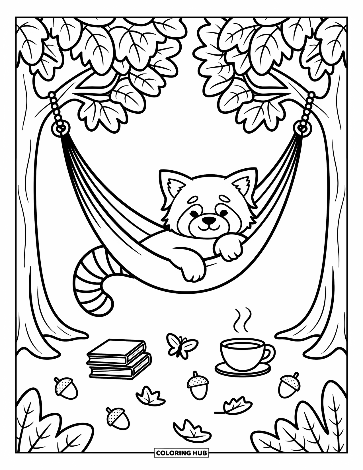 Red Panda Coloring Page for Adults: A panda curls in a hammock with mushrooms, tea, and tiny acorns nearby