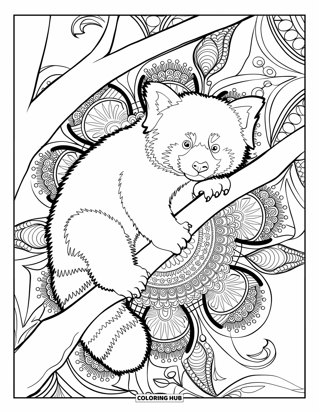 Red Panda Coloring Page for Adults: A red panda climbs a branch among ornate floral mandalas