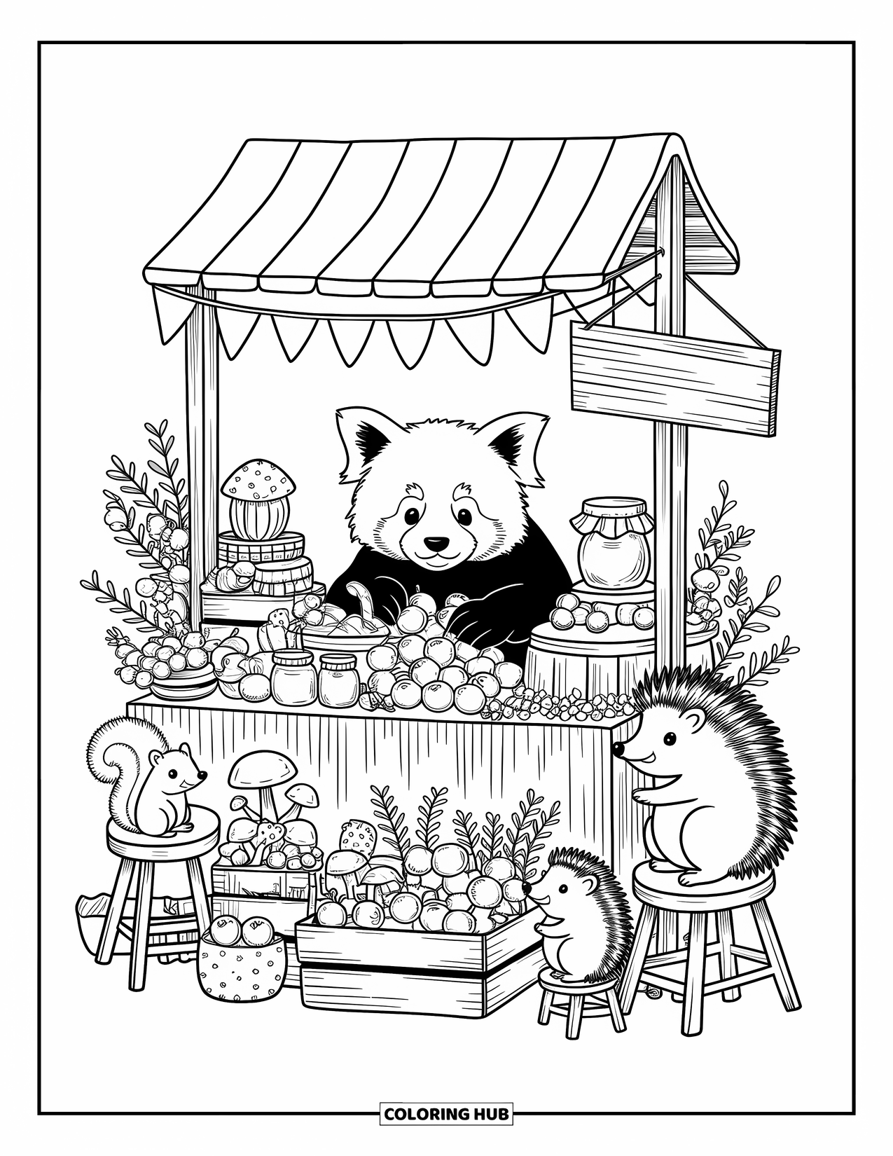 Red Panda Coloring Page for Adults: A red panda explores a woodland market with crates of fruits and herbs