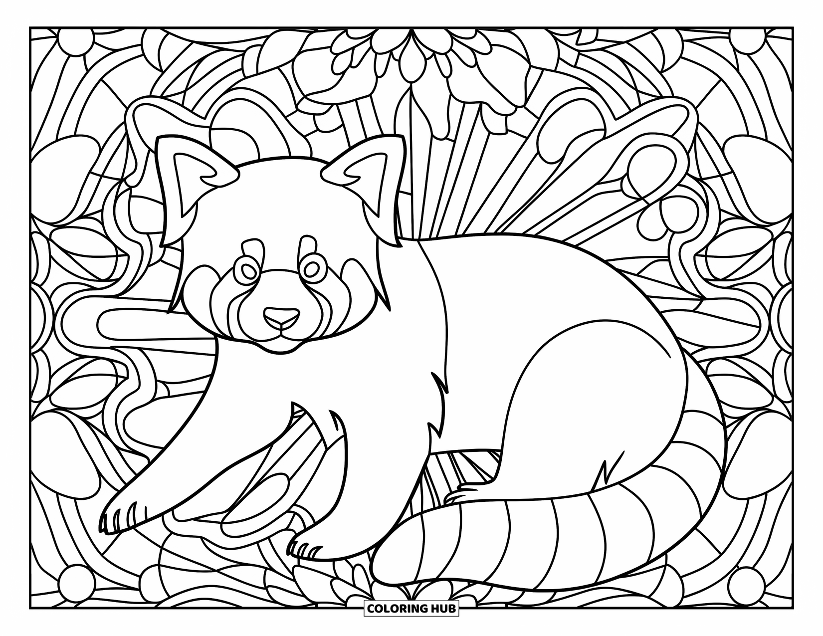 Red Panda Coloring Page for Adults: A red panda lies on its side against stained glass floral patterns