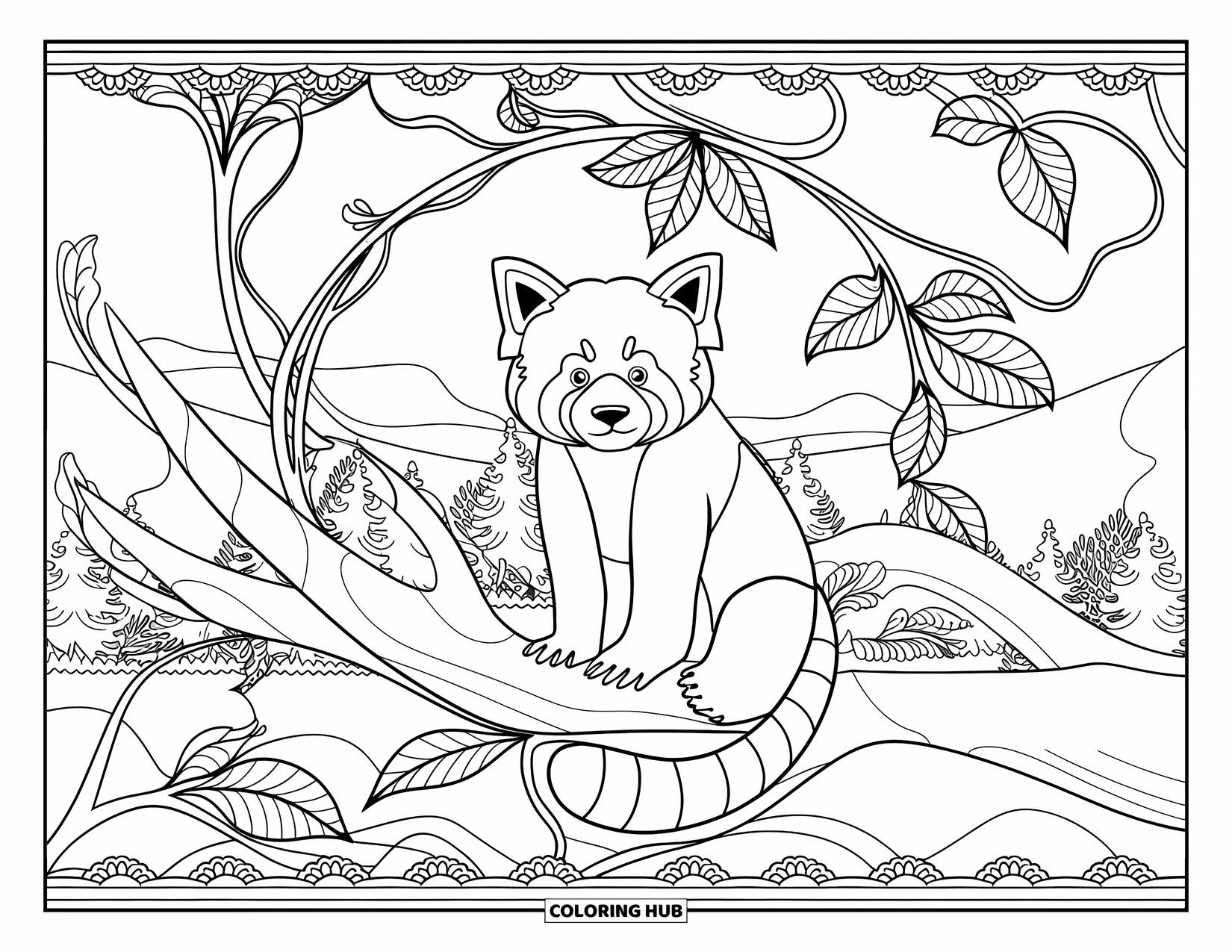 Red Panda Coloring Page for Adults: A red panda on a branch sits among swirling vine and leaf mandalas