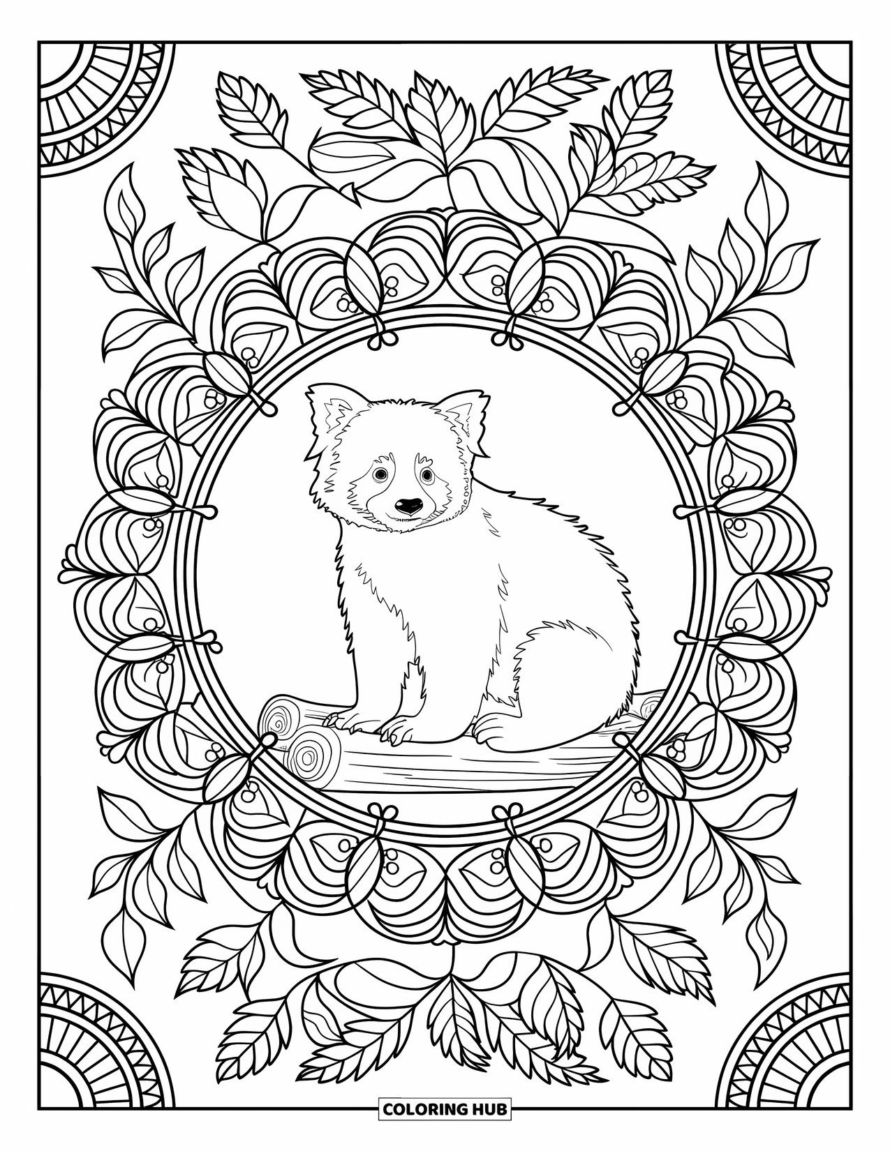 Red Panda Coloring Page for Adults: A red panda on a log sits in a botanical mandala of vines