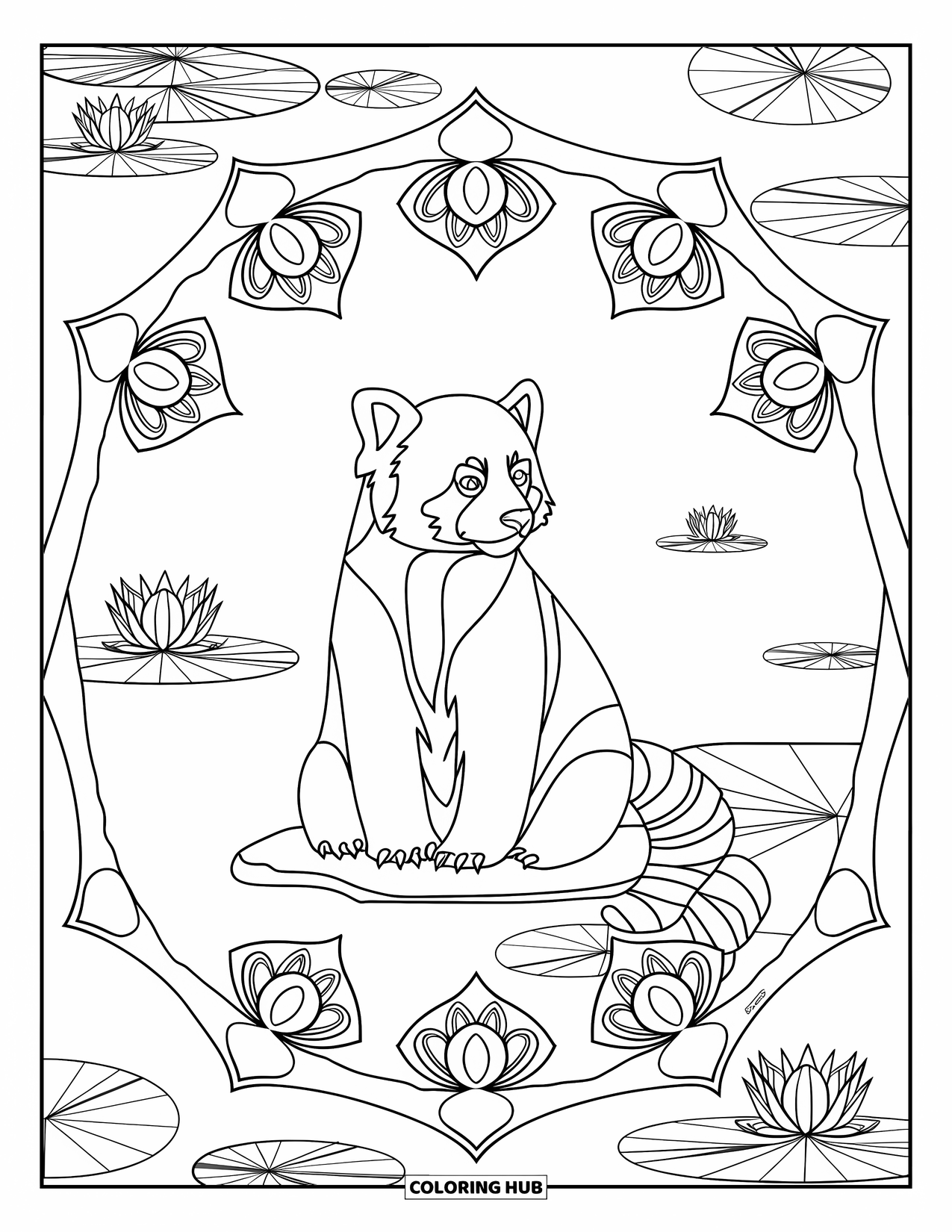 Red Panda Coloring Page for Adults: A red panda on a rock sits by a lake of lotus flowers