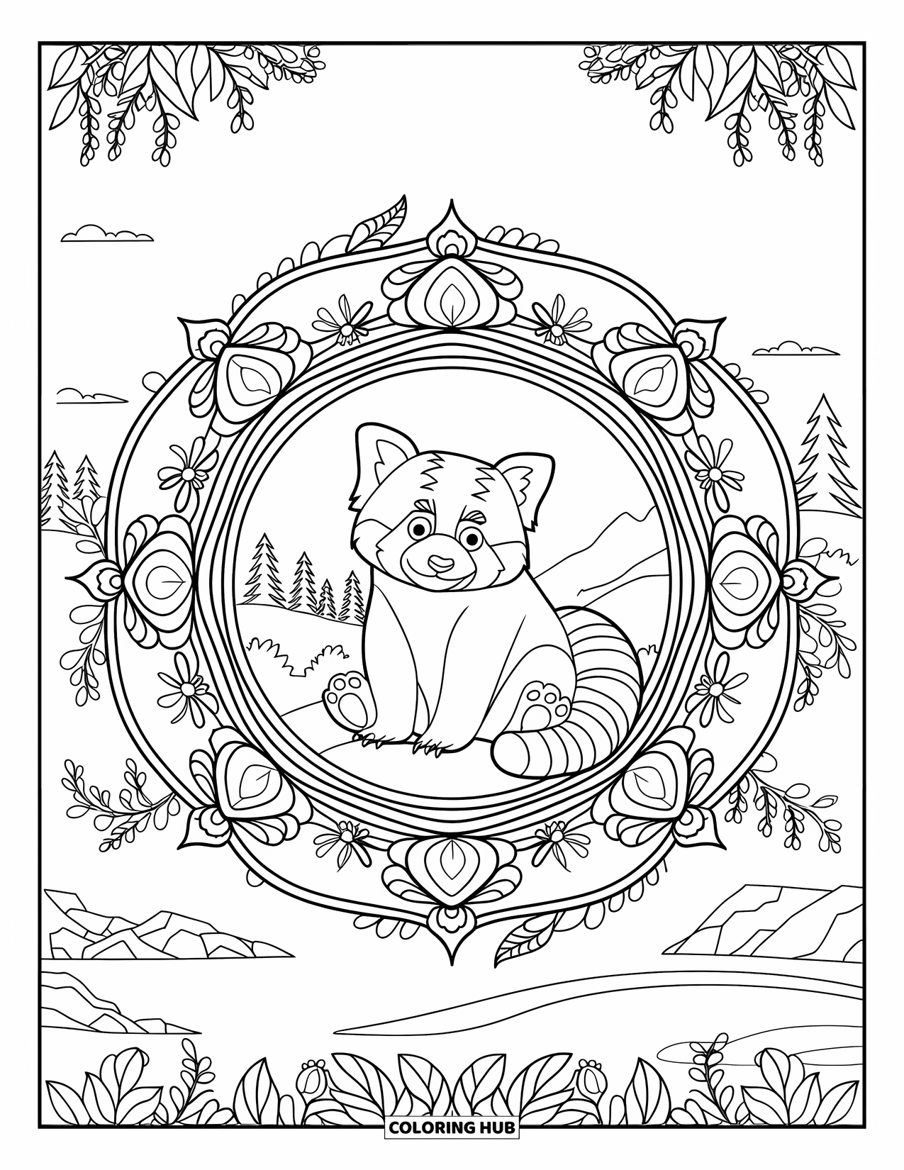 Red Panda Coloring Page for Adults: A red panda on a rock sits in a botanical mandala by water