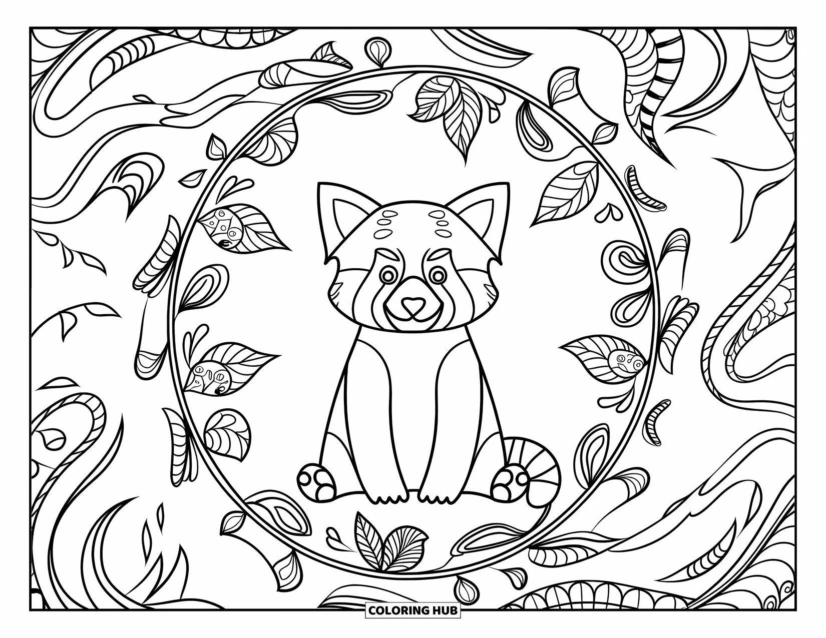 Red Panda Coloring Page for Adults: A red panda rests in a vine mandala surrounded by detailed patterns