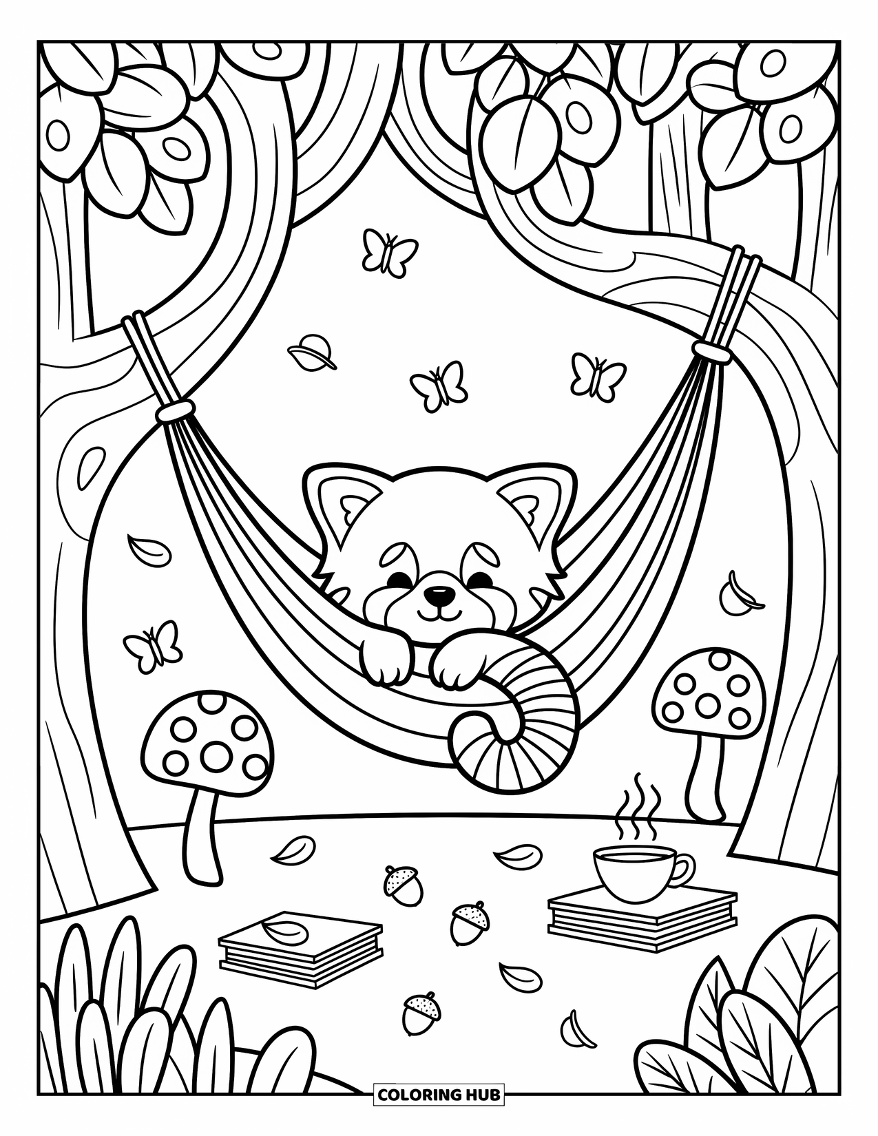 Red Panda Coloring Page for Adults: A red panda rests peacefully in a hammock with books and tea