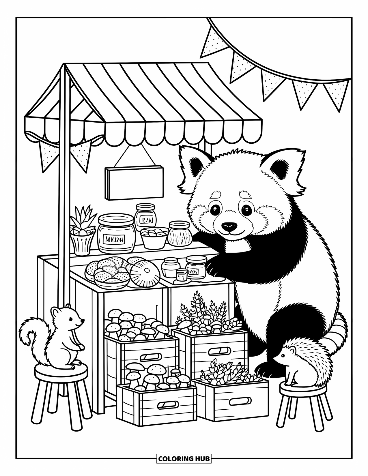 Red Panda Coloring Page for Adults: A red panda shops at a forest stall with jams, scarves, and mushrooms