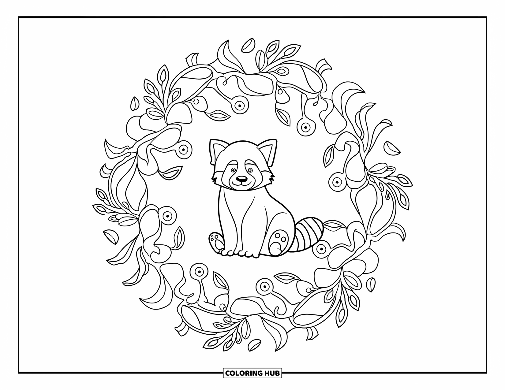 Red Panda Coloring Page for Adults: A red panda sits calmly inside swirling vine mandala designs