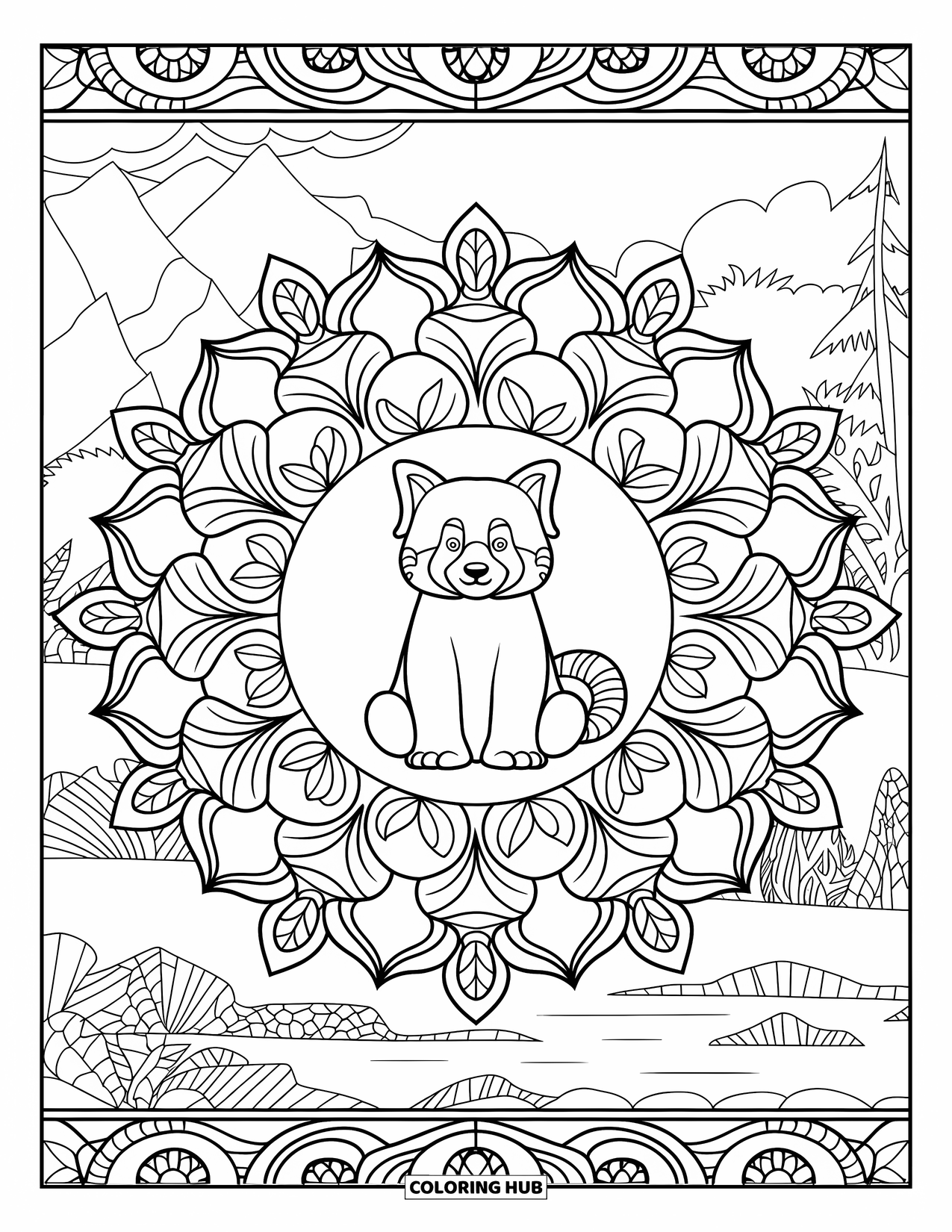 Red Panda Coloring Page for Adults: A red panda sits in a botanical mandala near mountains and water