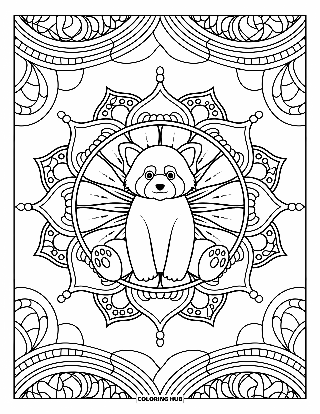 Red Panda Coloring Page for Adults: A red panda sits in a lotus mandala framed by intricate patterns