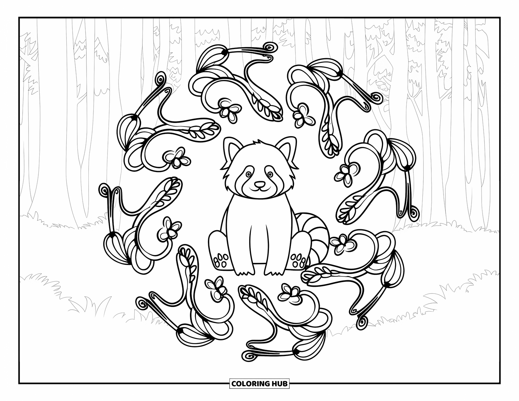 Red Panda Coloring Page for Adults: A red panda sits in a swirling vine mandala within a peaceful forest