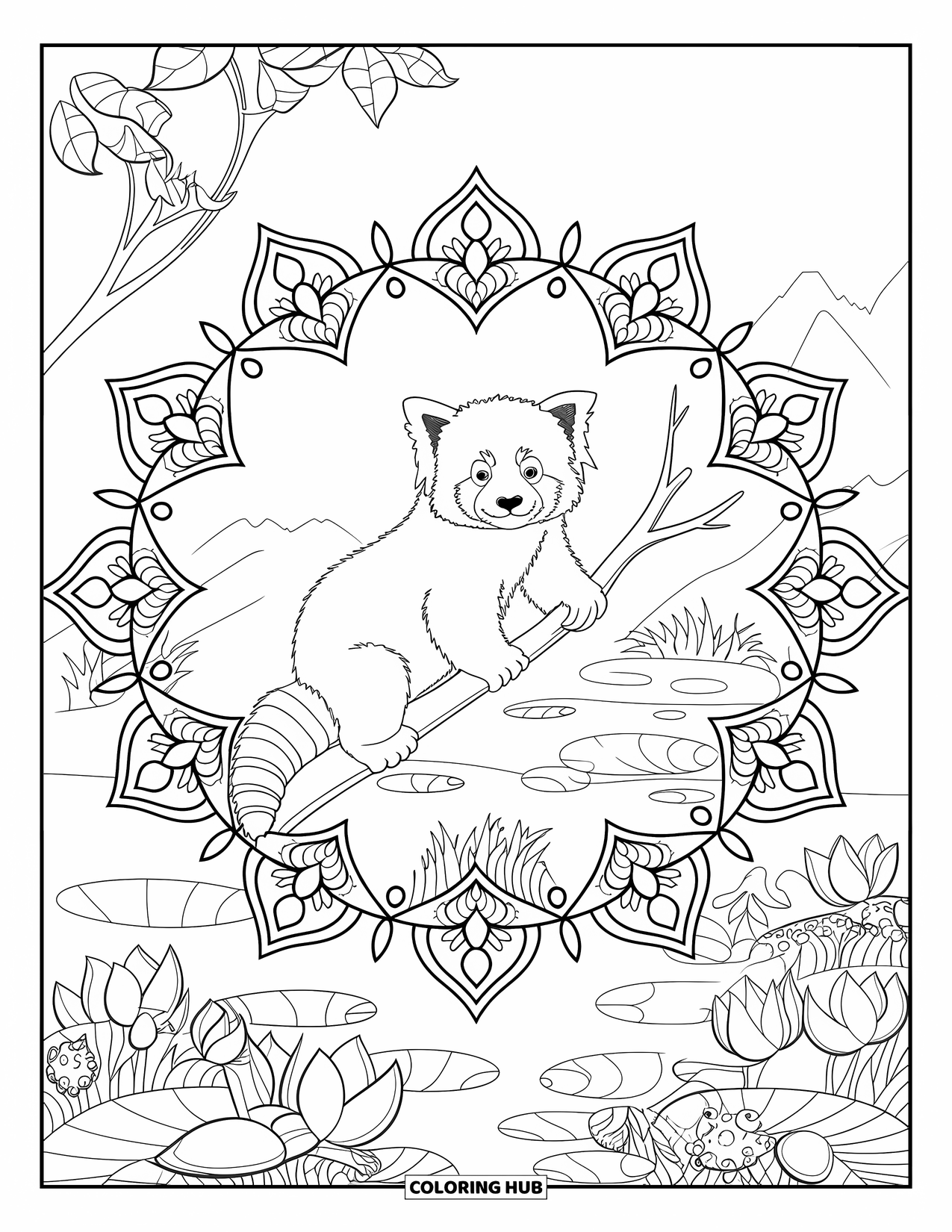 Red Panda Coloring Page for Adults: A red panda sits on a branch framed by lotus mandalas
