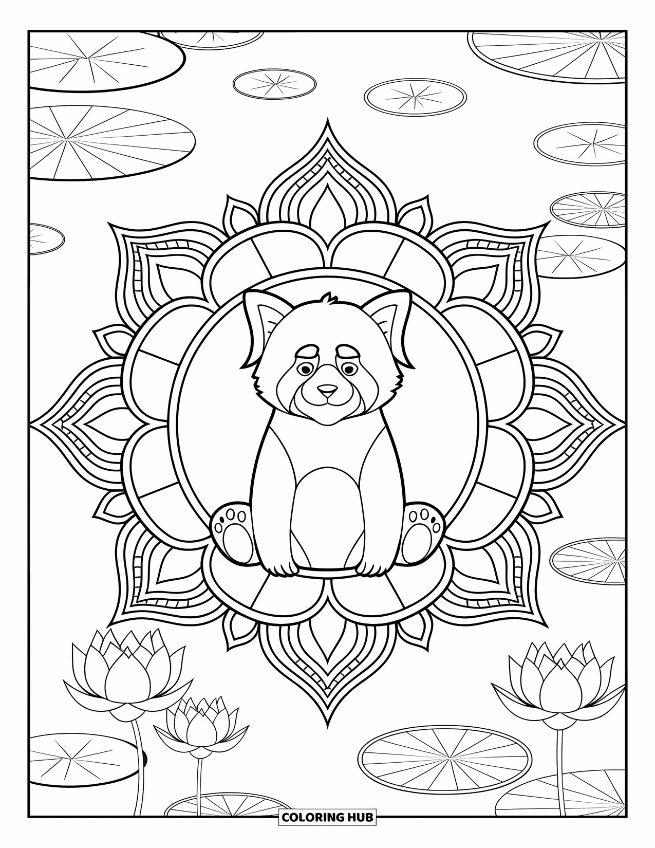 Red Panda Coloring Page for Adults: A red panda sits surrounded by lotus mandalas near a calm lake