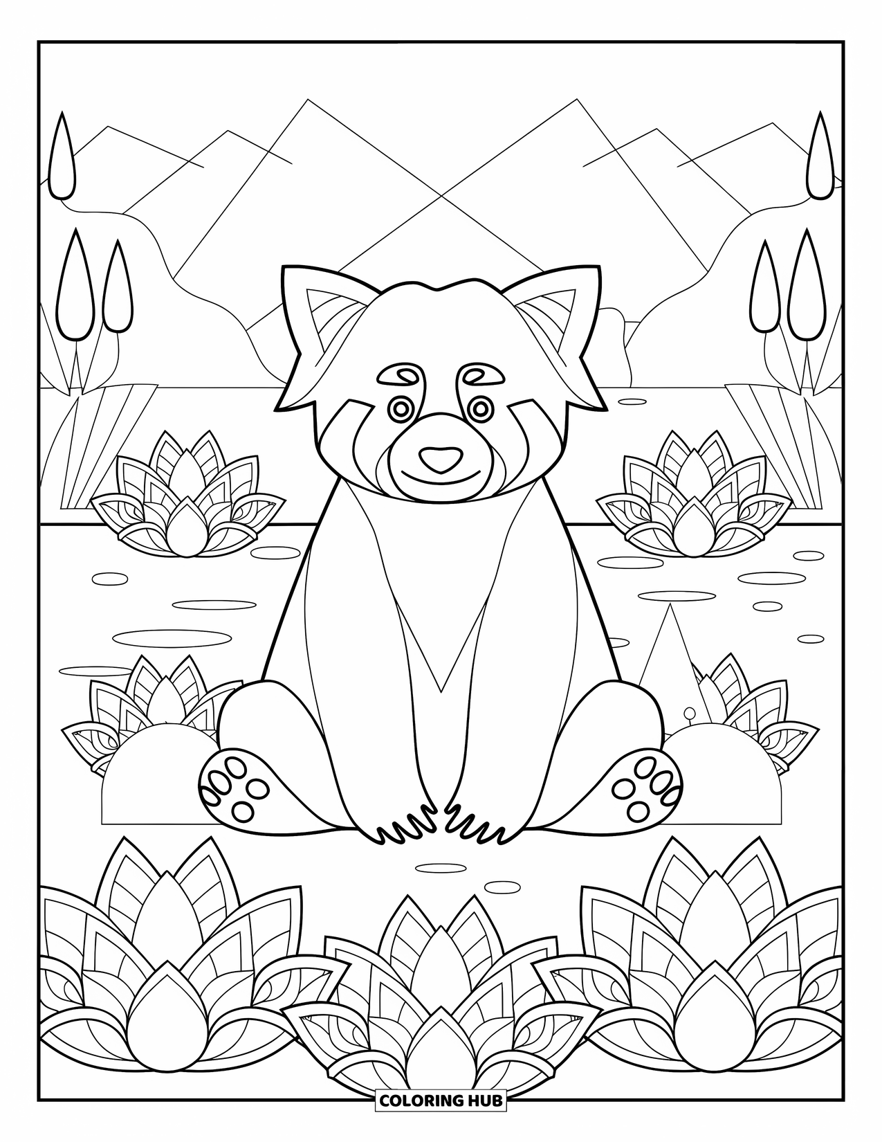 Red Panda Coloring Page for Adults: A red panda sits with lotus mandalas near mountains and water