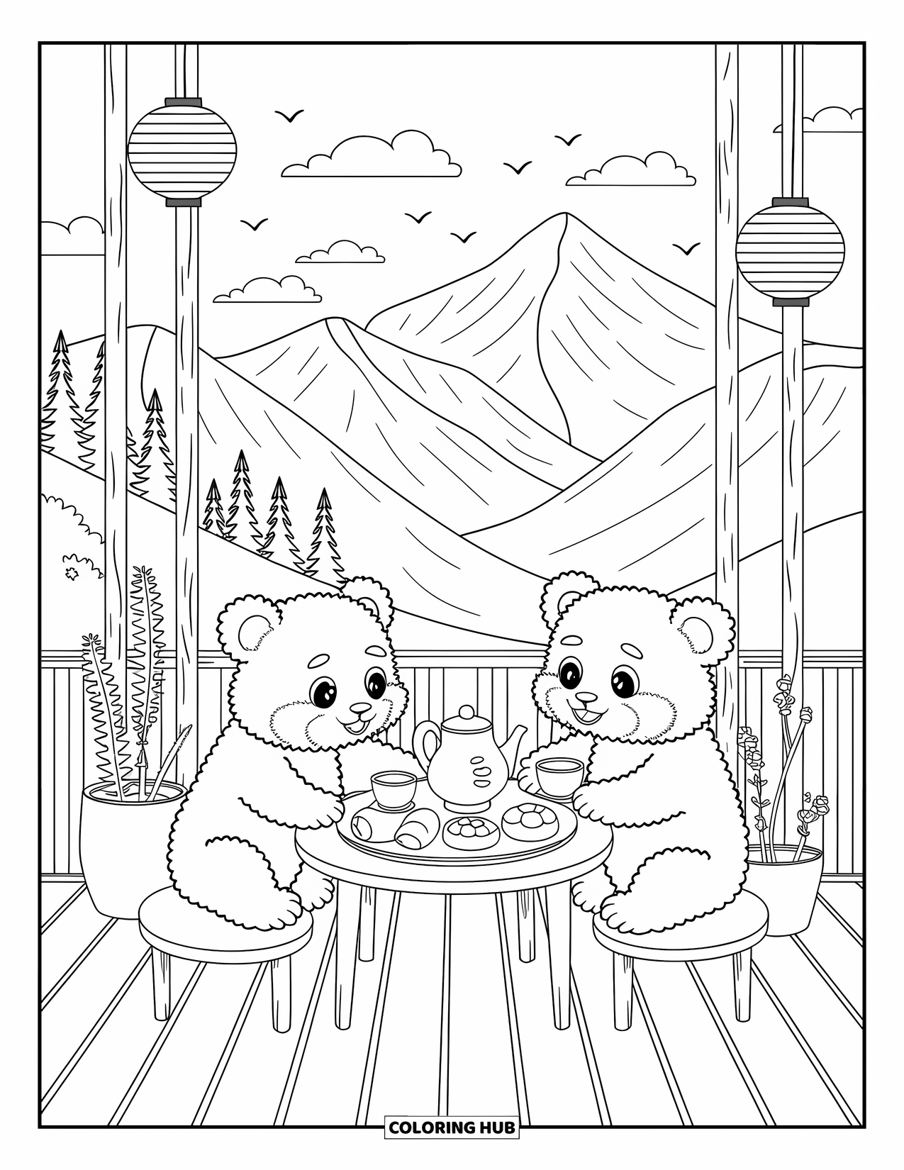 Red Panda Coloring Page for Adults: Two red pandas share mochi and tea under string lights in the mountains