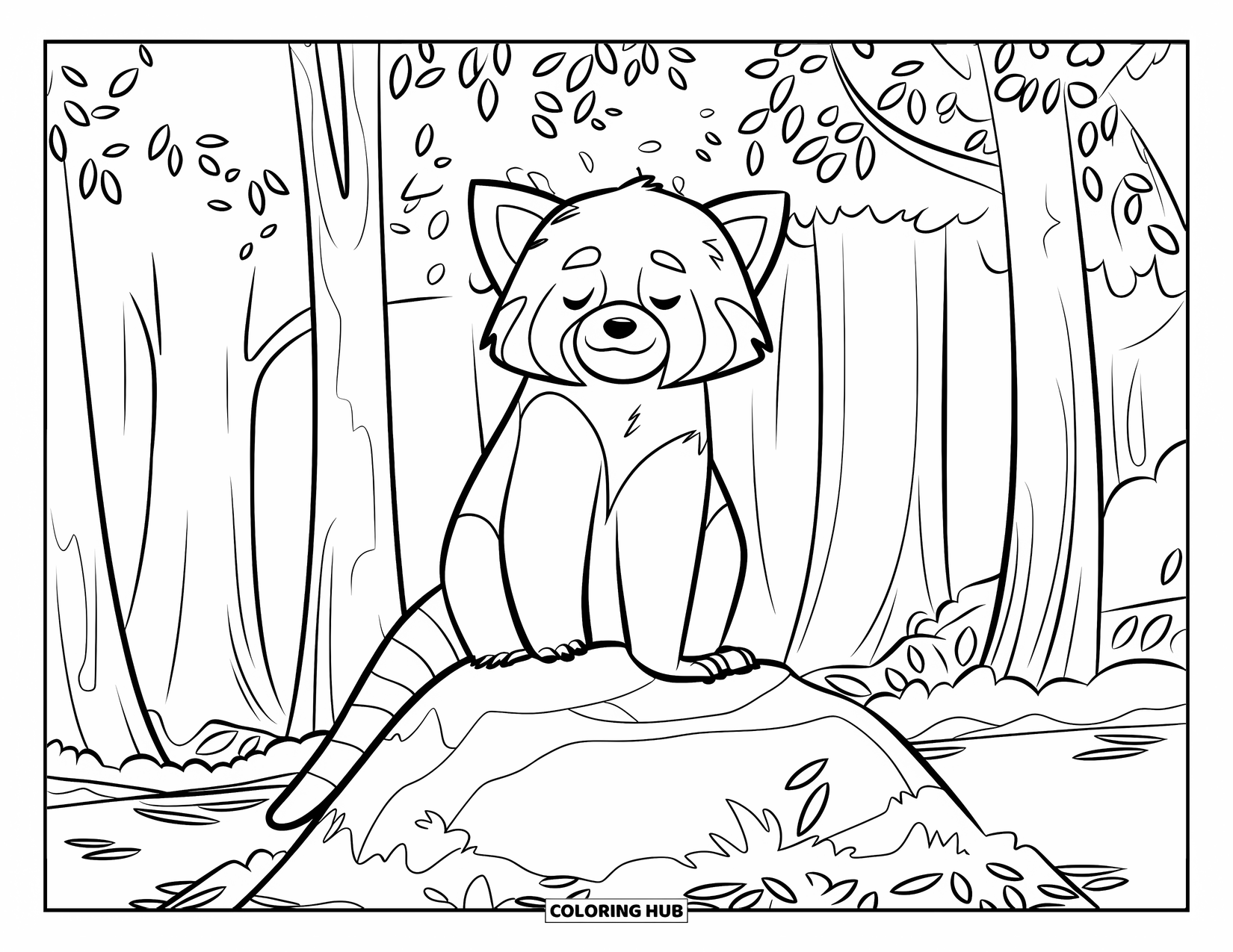 Red Panda Coloring Page for Kids: A calm red panda rests on a mossy rock in the forest