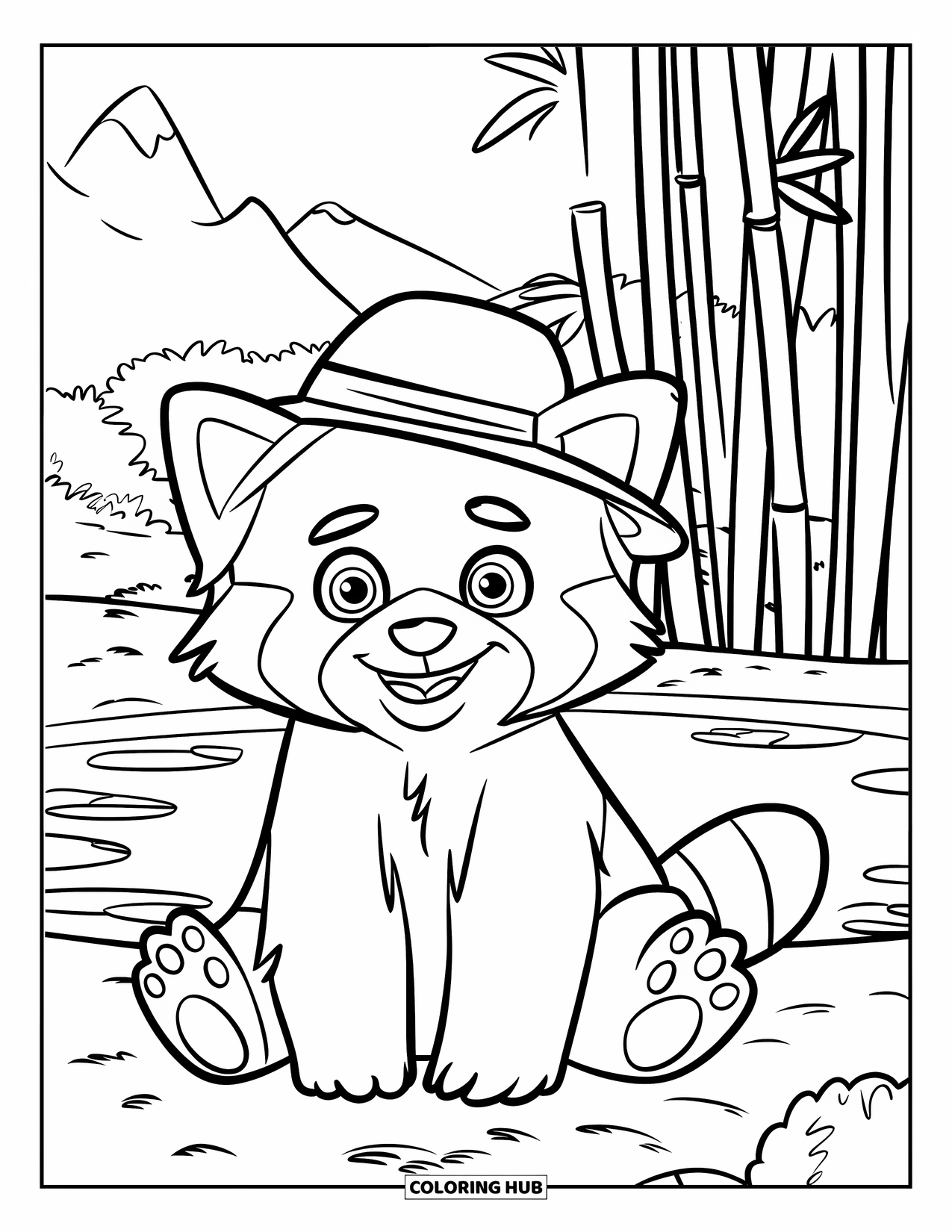 Red Panda Coloring Page for Kids: A cheerful red panda with bamboo behind it smiles near a pond