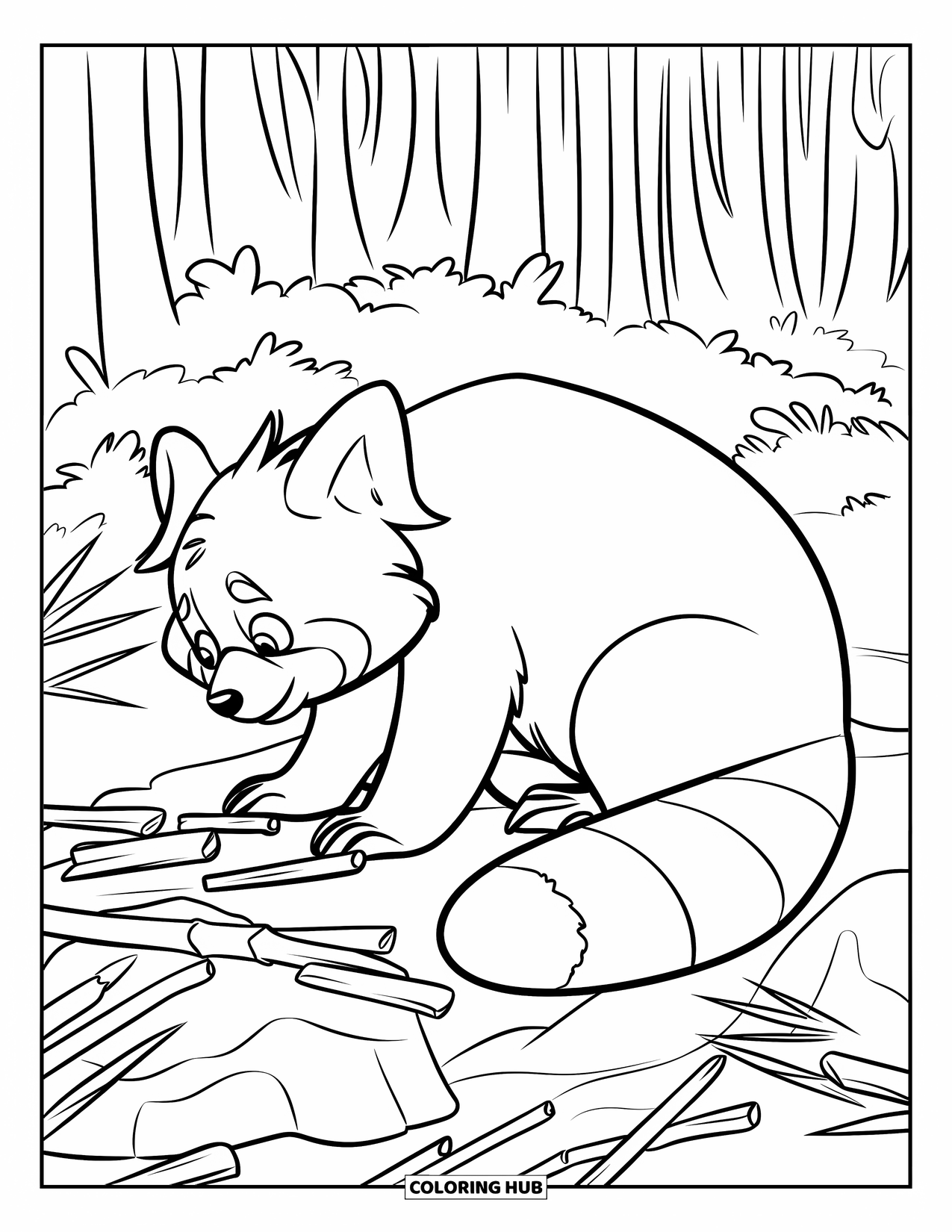 Red Panda Coloring Page for Kids: A curious red panda sniffs the air while sitting on a rock