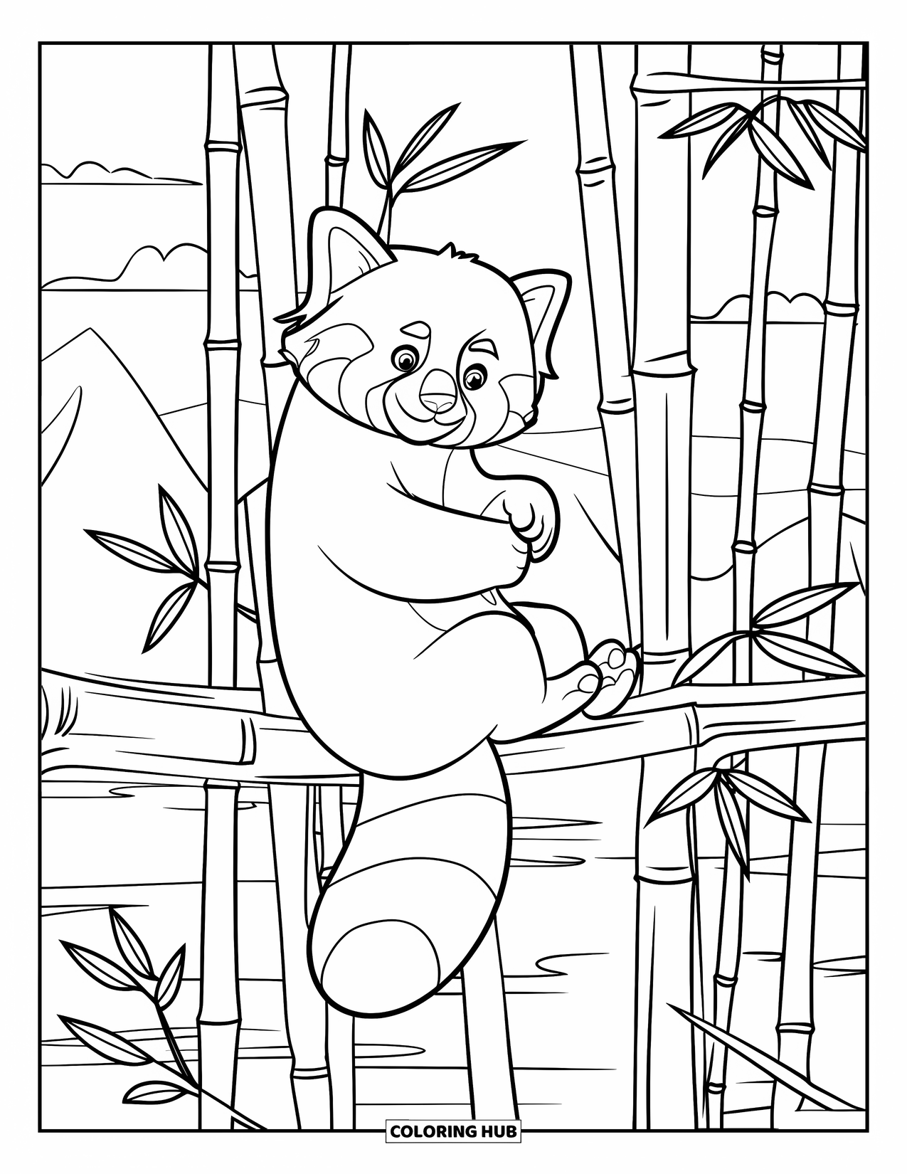 Red Panda Coloring Page for Kids: A curled-up red panda rests in a tree with vines around