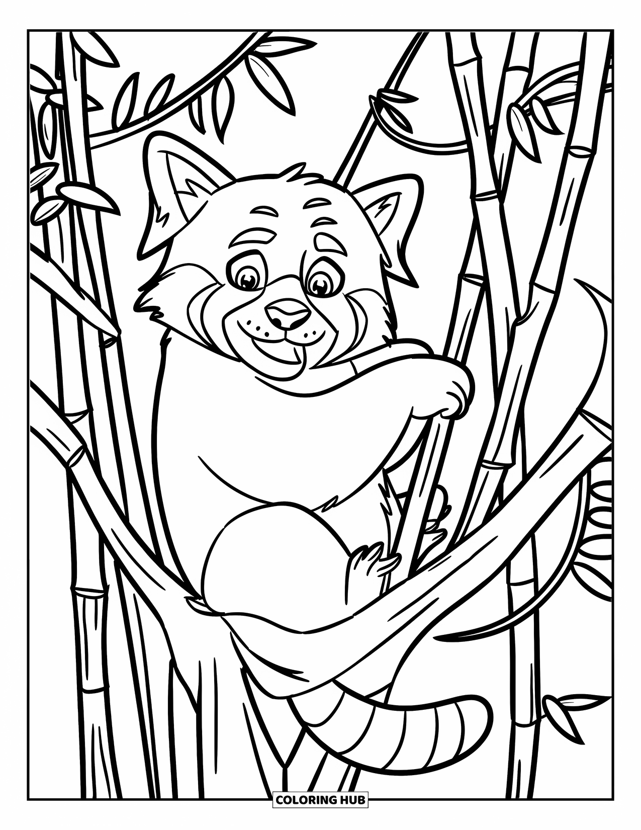 Red Panda Coloring Page for Kids: A red panda climbs high on a tree with vines and bamboo