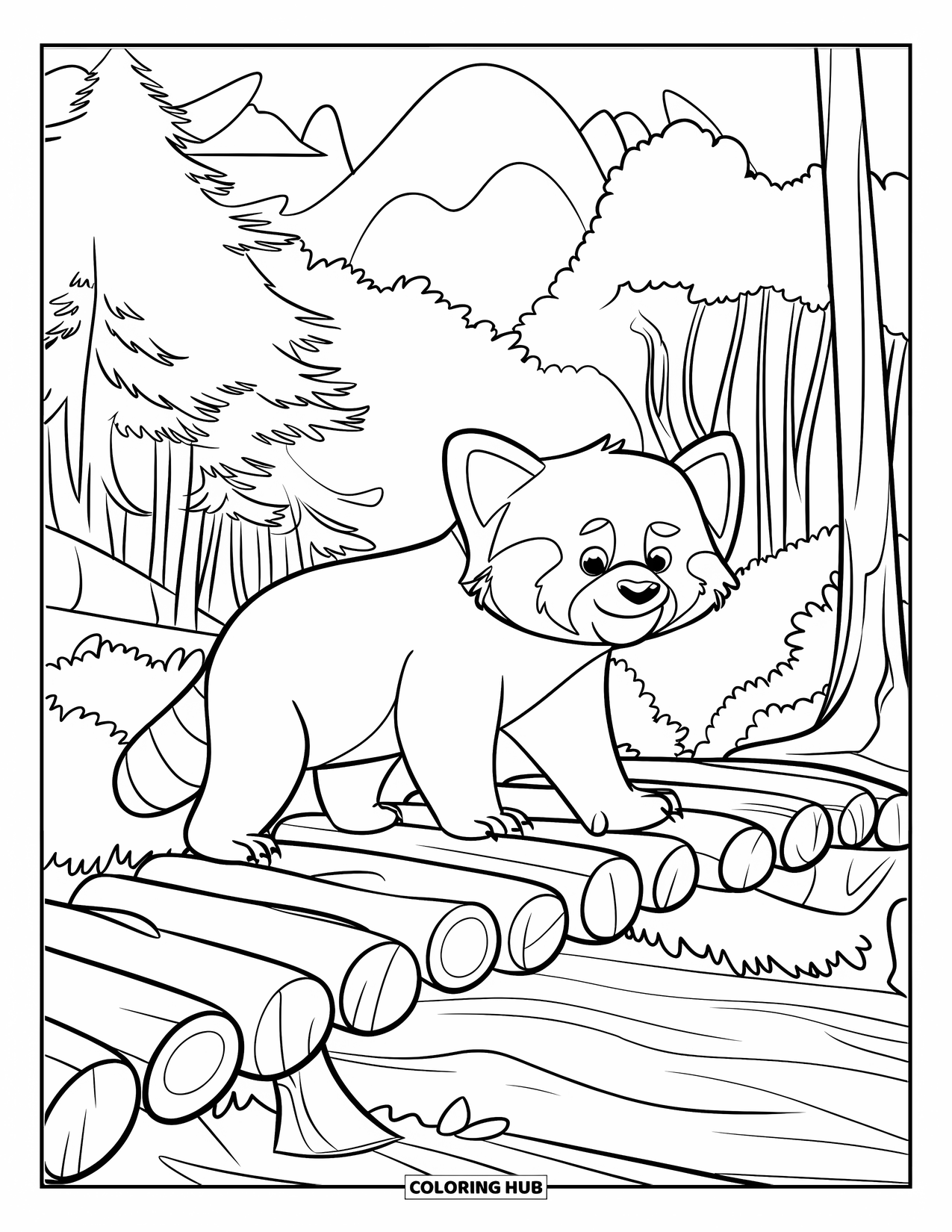 Red Panda Coloring Page for Kids: A red panda crosses a river log bridge surrounded by trees