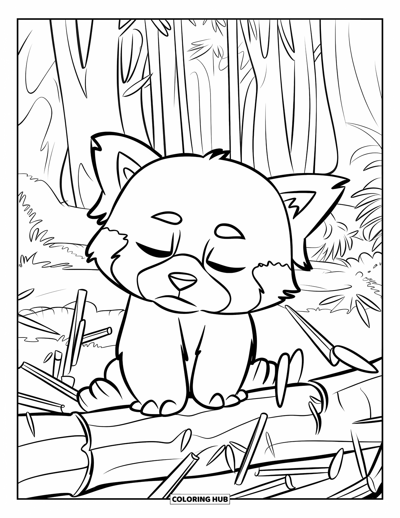 Red Panda Coloring Page for Kids: A red panda enjoys the fresh air while sitting on a mossy log
