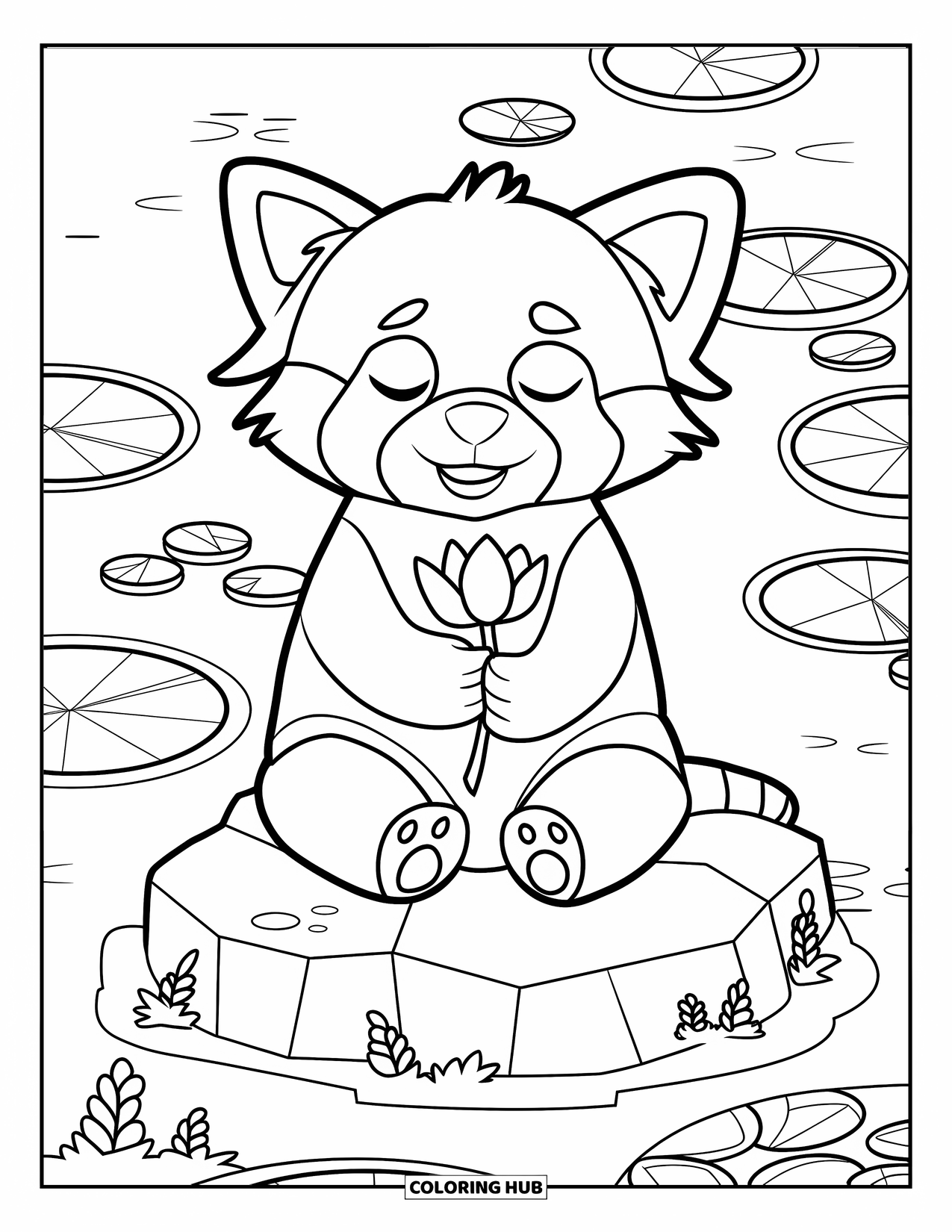 Red Panda Coloring Page for Kids: A red panda holding a lotus flower sits peacefully by a pond
