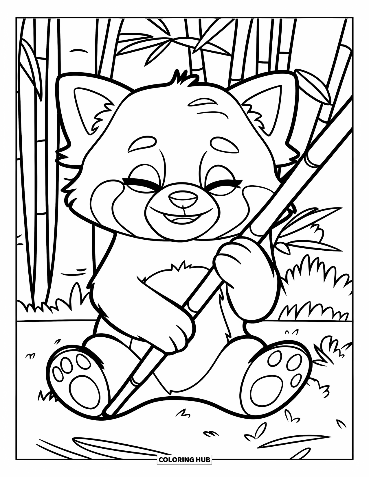 Red Panda Coloring Page for Kids: A red panda holds a bamboo stick tightly with closed eyes