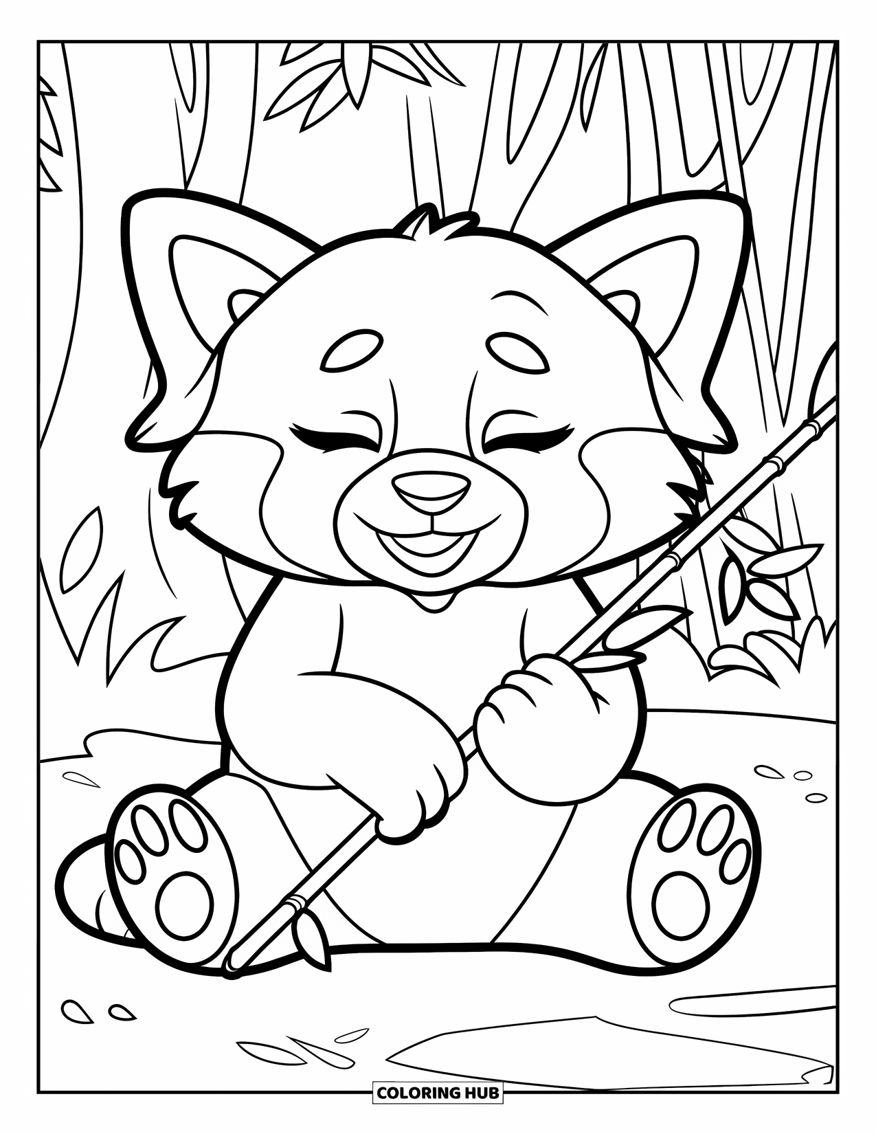 Red Panda Coloring Page for Kids: A red panda hugs a big bamboo stick while sitting peacefully